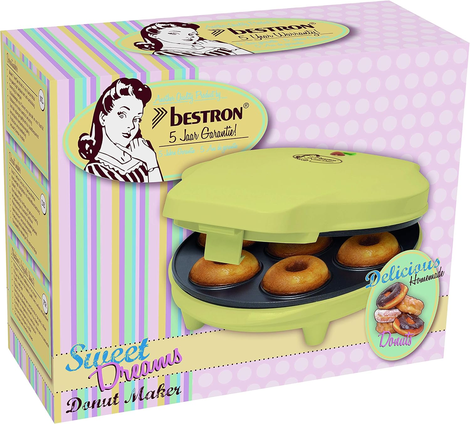 Bestron Donut Maker in Retro Design, Mini Doughnut Maker for 7 Small Doughnuts, Includes Baking Light and Non-Stick Coating, 700 Watt, Colour: Yellow - Pink image number 5