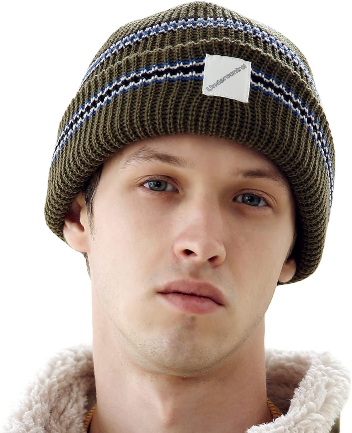 UNDERCONTROL Stripe Pattern Roll up Skullcap Warm Winter Watch Hats Thick Knit Cuff Square Logo Patch Unisex Fisherman Beanie