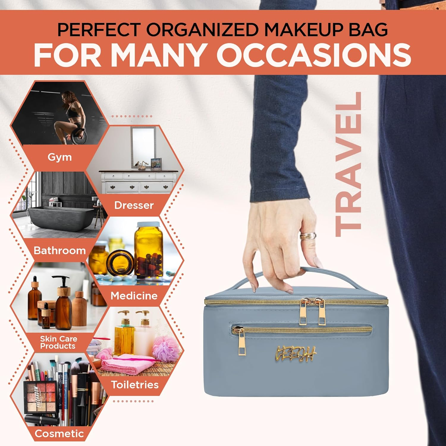 Leesh & CO Makeup Bag - Large Travel Cosmetic Organizer with Brush Holders for Women - Eco-Friendly Vegan Leather, Waterproof & Durable Cosmetics Bag - Perfect for Toiletries, Beauty Products (Blue) image number 3