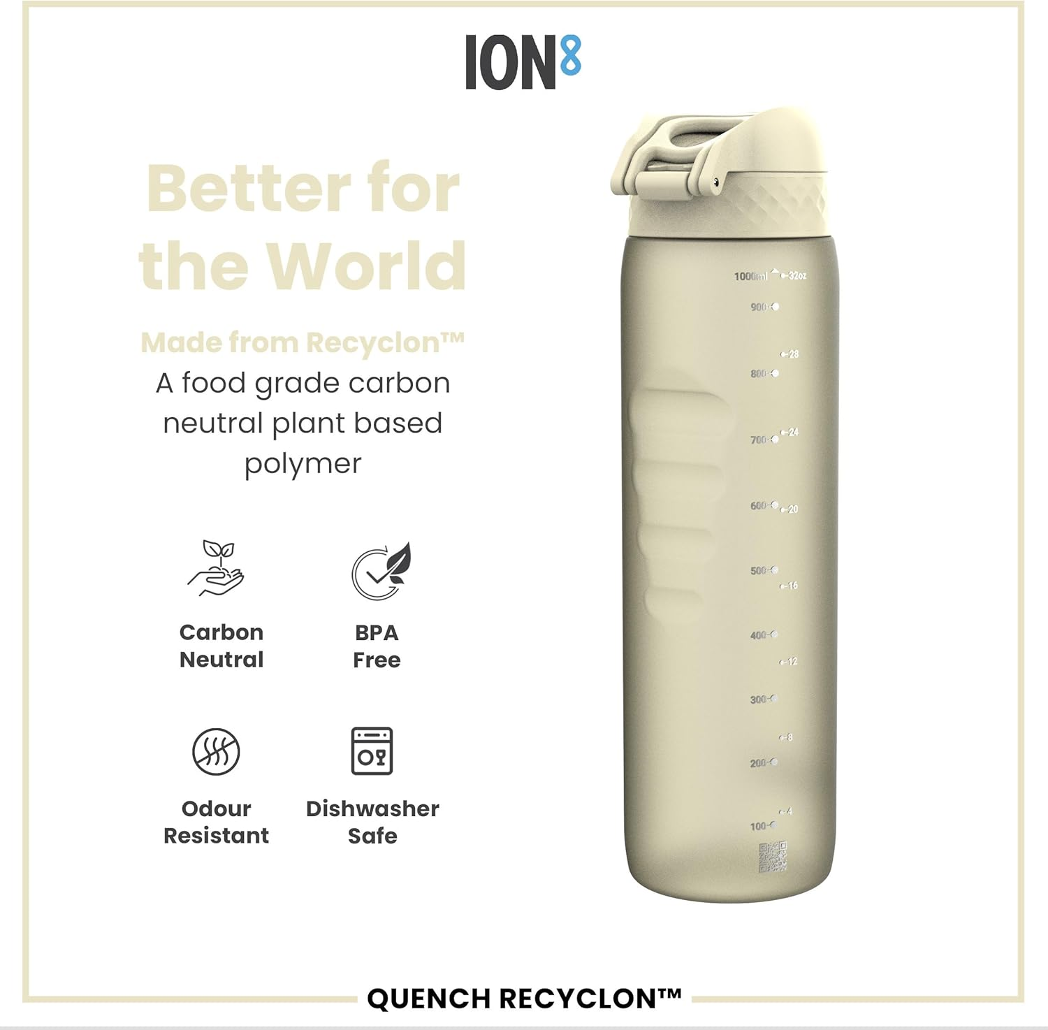 Ion8 1 Litre Water Bottle, 1000 Ml, Leak-Proof, One-Handed Opening, Secure Locking, Dishwasher Safe, Bpa-Free, Carry Handle, Easy to Clean, Ideal for Sports and Gym, Cream White