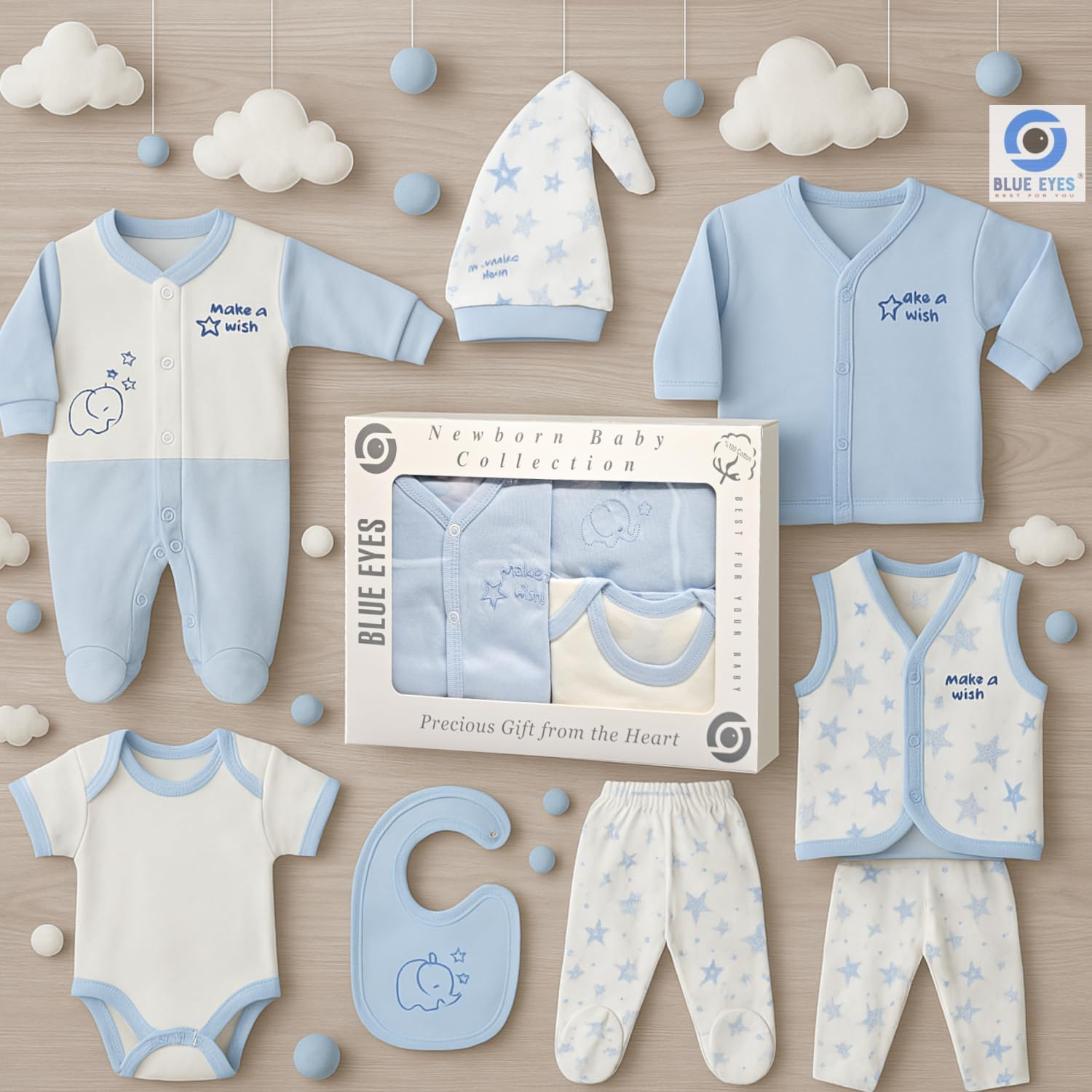 Blue Eyes Newborn Baby Gift Set, 100% Natural Cotton, First Equipment, Boys' Clothing Gift Set, Baby Outfit for Babies, 0-4 Months, 8 Pieces (Star Blue) - Koala image number 7