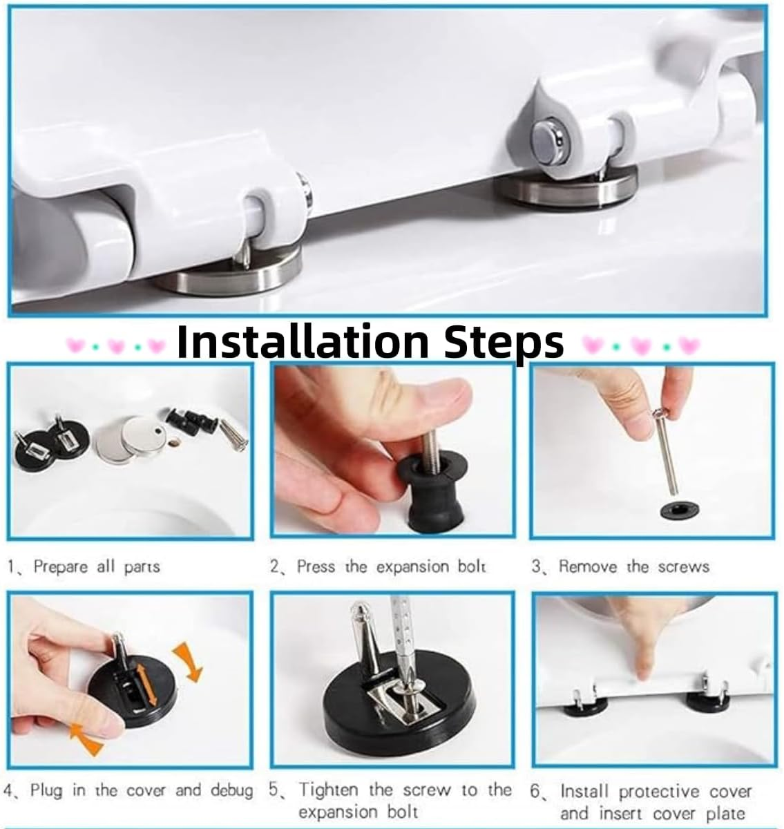 2PCS General Purpose Toilet Seat Hinge Fittings for Mounting, Quick Release Hinge Retaining Bolt, Expansion Screw, Cover Buckle for Replacing Toilet Seat Parts image number 2