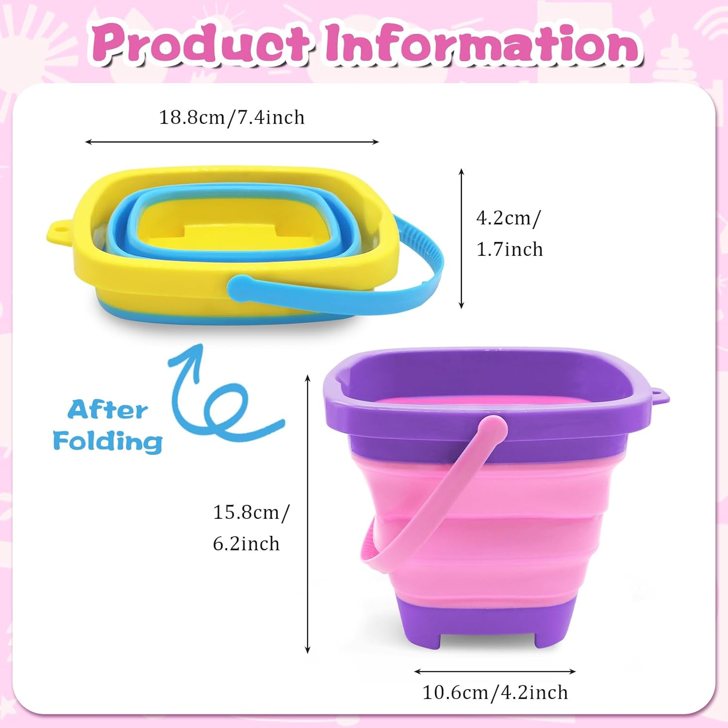2Pcs Foldable Beach Play Sand Pails, Collapsible Buckets with Handle for Kids, Outdoor Summer Beach Camping (Pink-Purple+Blue-Yellow) image number 6