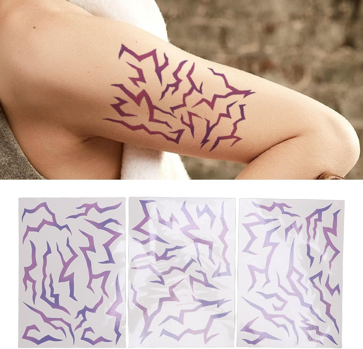 MENDUNER 3Pcs Glow in Dark Anime Stickers, Purple Temporary Tattoos, Face Body Art for Cosplay Christmas Parties, Easy Apply Remove, Festive Reactive Skin Stickers for Teens Adults image number 3
