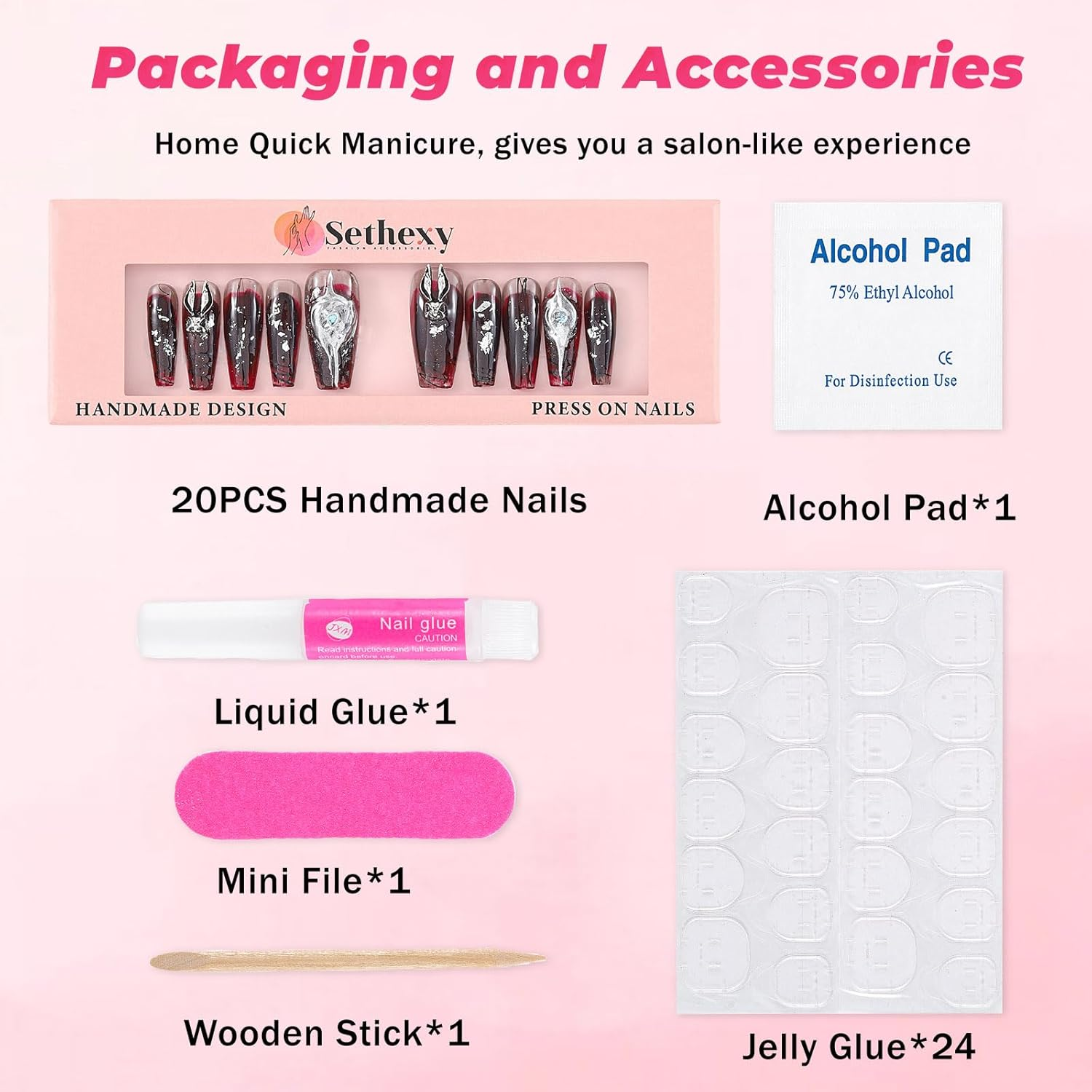 Sethexy Long Ballerina Handmade Press on Nails Glitter Gothic False Nails Red Painted Glossy Fake Nails Salon Quality for Women and Girls 20PCS (N) image number 3