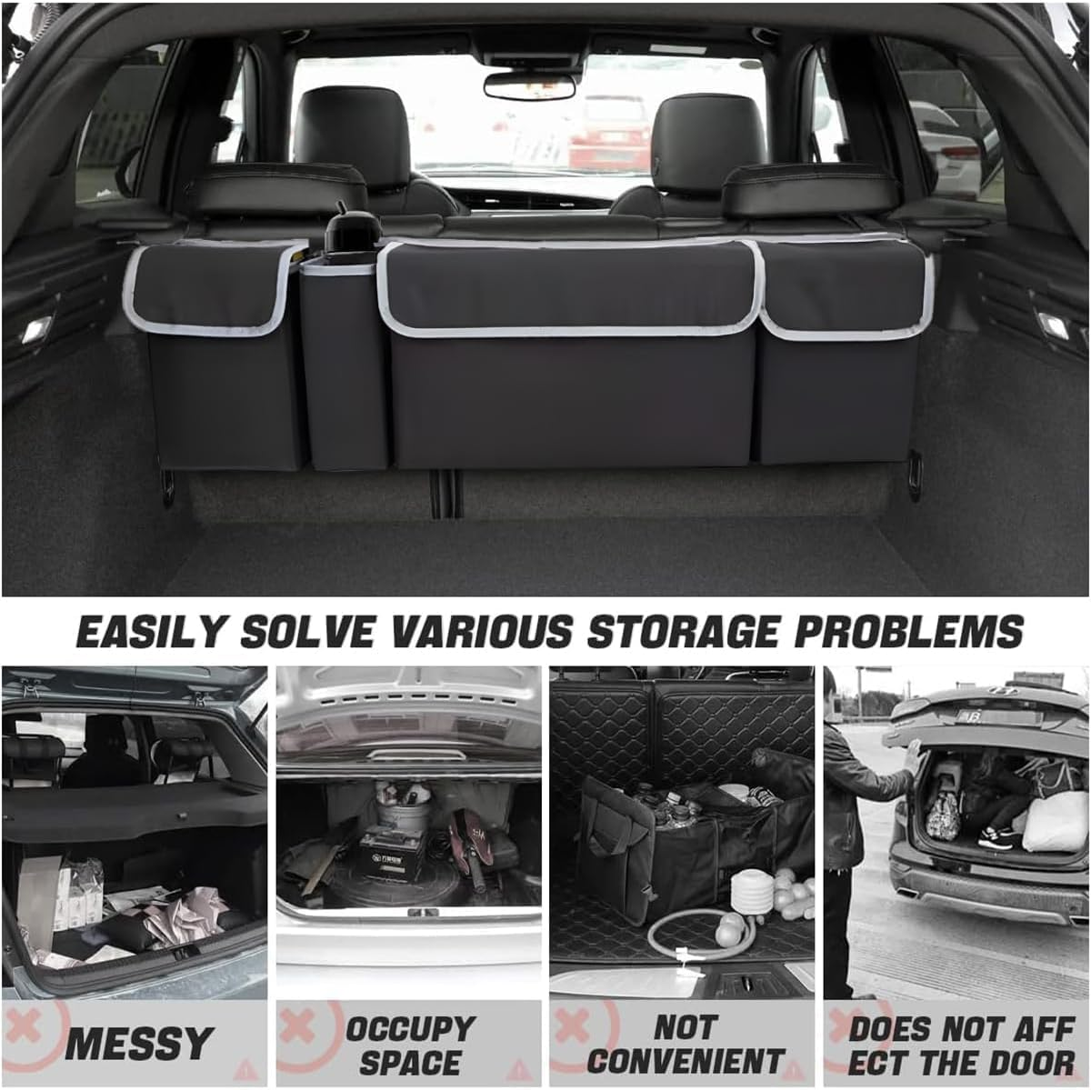 Car Trunk Organizer, Backseat Hanging Large Storage with Adjustable Straps, Waterproof Collapsible Cargo Bag with 4 Pockets, Sturdy Space Saver Frees Trunk Floor for SUV, Truck, MPV 1Pack image number 4