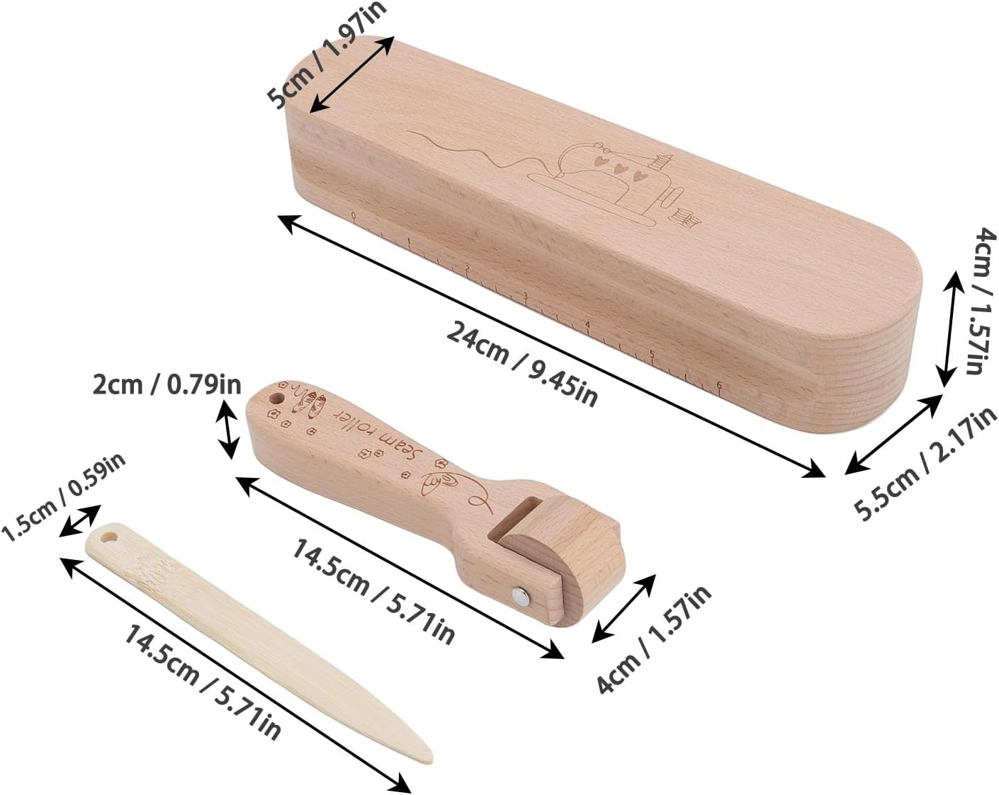 4Pcs Beechwood Seam Roller & Point Turner, Tailors Clapper, Sewing Tool for Flattening Fabrics and Point Pressing, Multipurpose Wooden Tools for Sewing, Quilting, Ironing