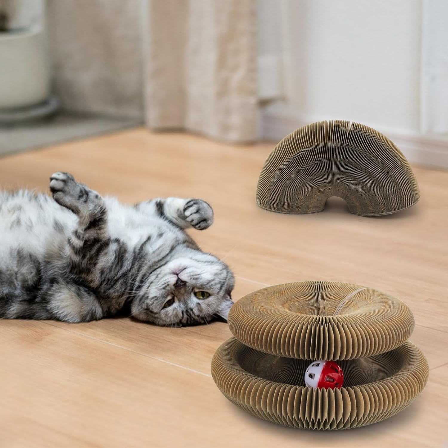 Andiker Magic Organ Cat Scratching Board, Corrugated Cardboard Cat Scratch with Ball for Playing Scratching Paws, Foldable Sanding Cat Toy for Indoor Cats for Mental & Physical Exercise (Type 1) image number 1