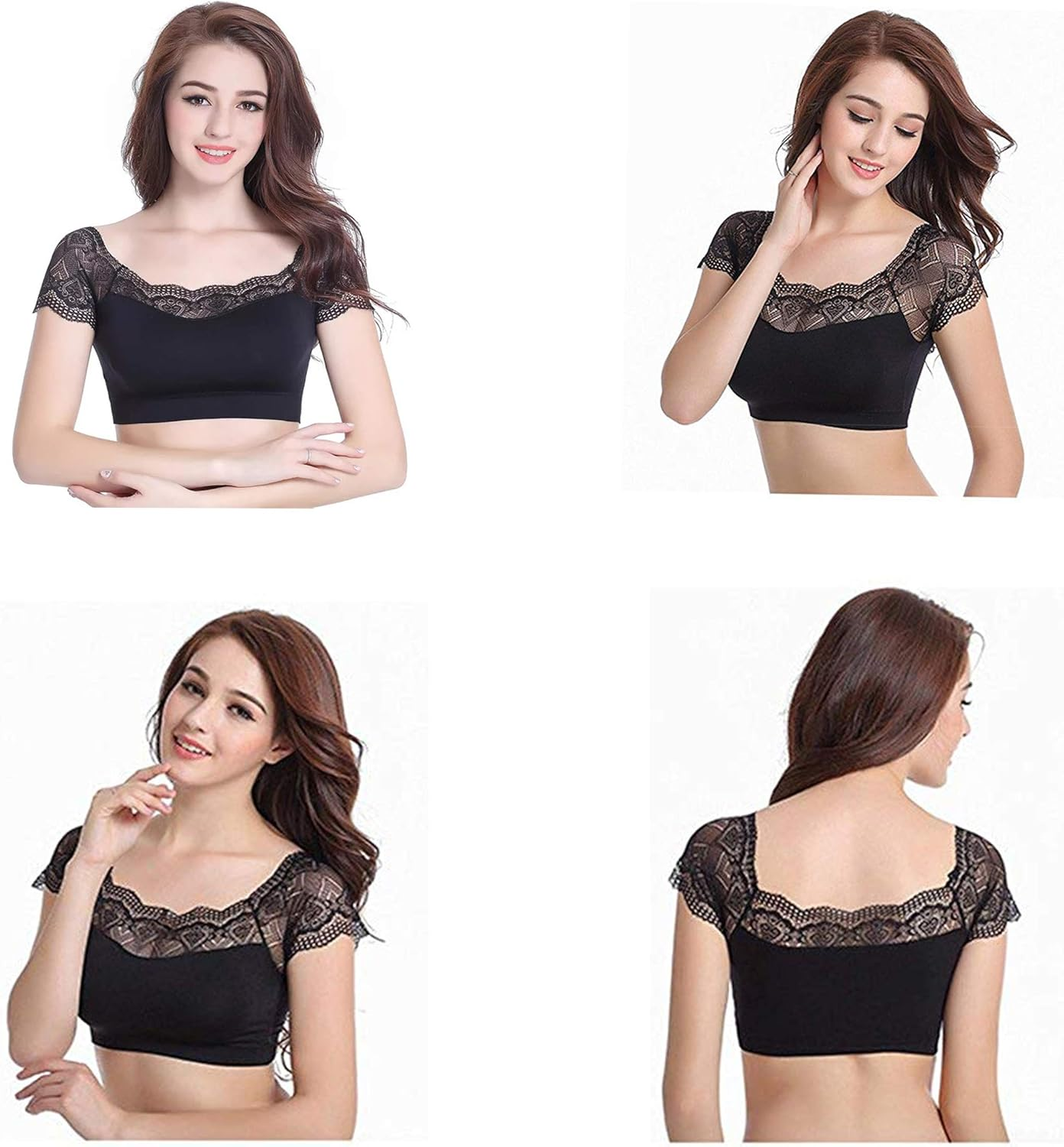 Fyluoke Lace Sports Bra Stretch Silk Yoga Tank Crop Tops for Women No Rims 2 Pack image number 4