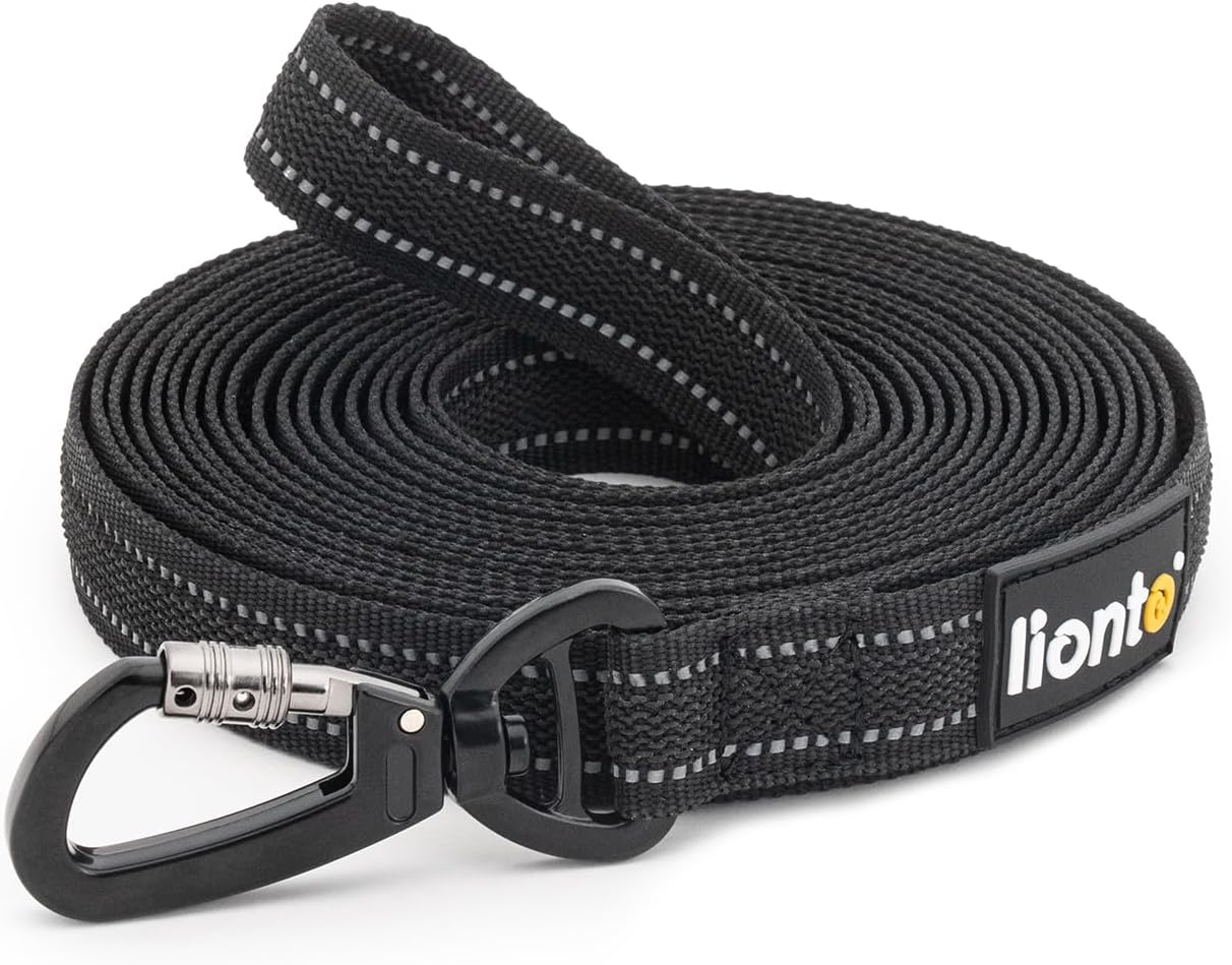 Lionto Recall Lead for Dogs, 20 M, Rubberised Lead with Hand Loop and 360&deg; Metal Carabiner with Safety Clasp, Reflective Dog Lead Made of Robust, Weatherproof Nylon, Black