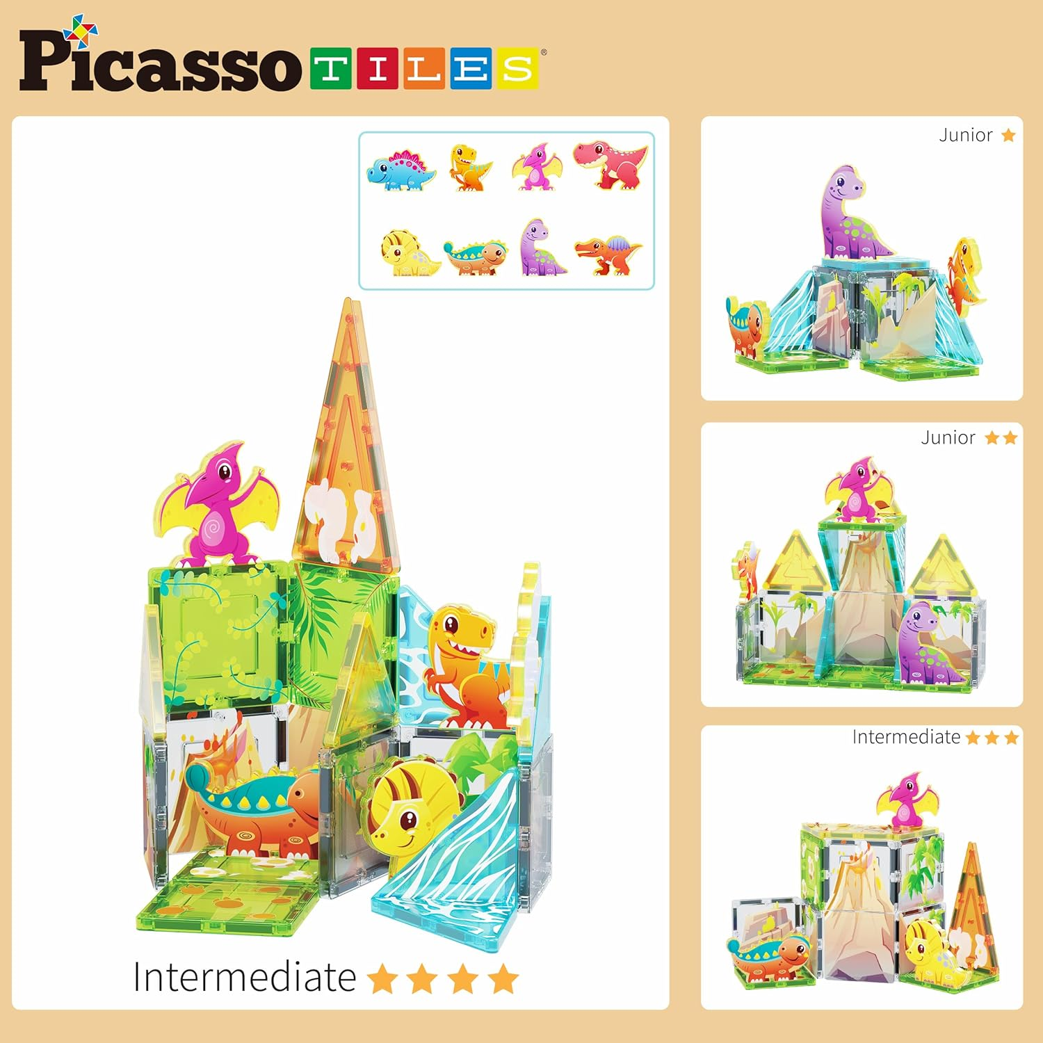 Picassotiles Magnet Tile Building Blocks Dinosaur World Themed Playset with 8 Animal Character Action Figures Magnetic Tiles STEM Learning Pretend Play Toy Construction Set Boys Girls Ages 3+ PTQ23