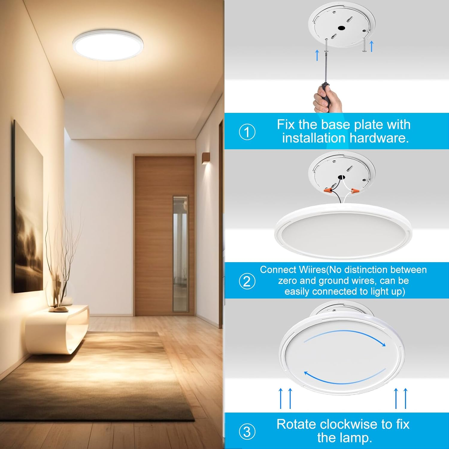 LED Flush Mount Ceiling Light Fixture, 12 Inch 30W round LED Ceiling Lights, Dimmable 3000K-4500K-6500K Selectable, for Bathroom Laundry Bedroom Hallway Livingroom Office image number 1