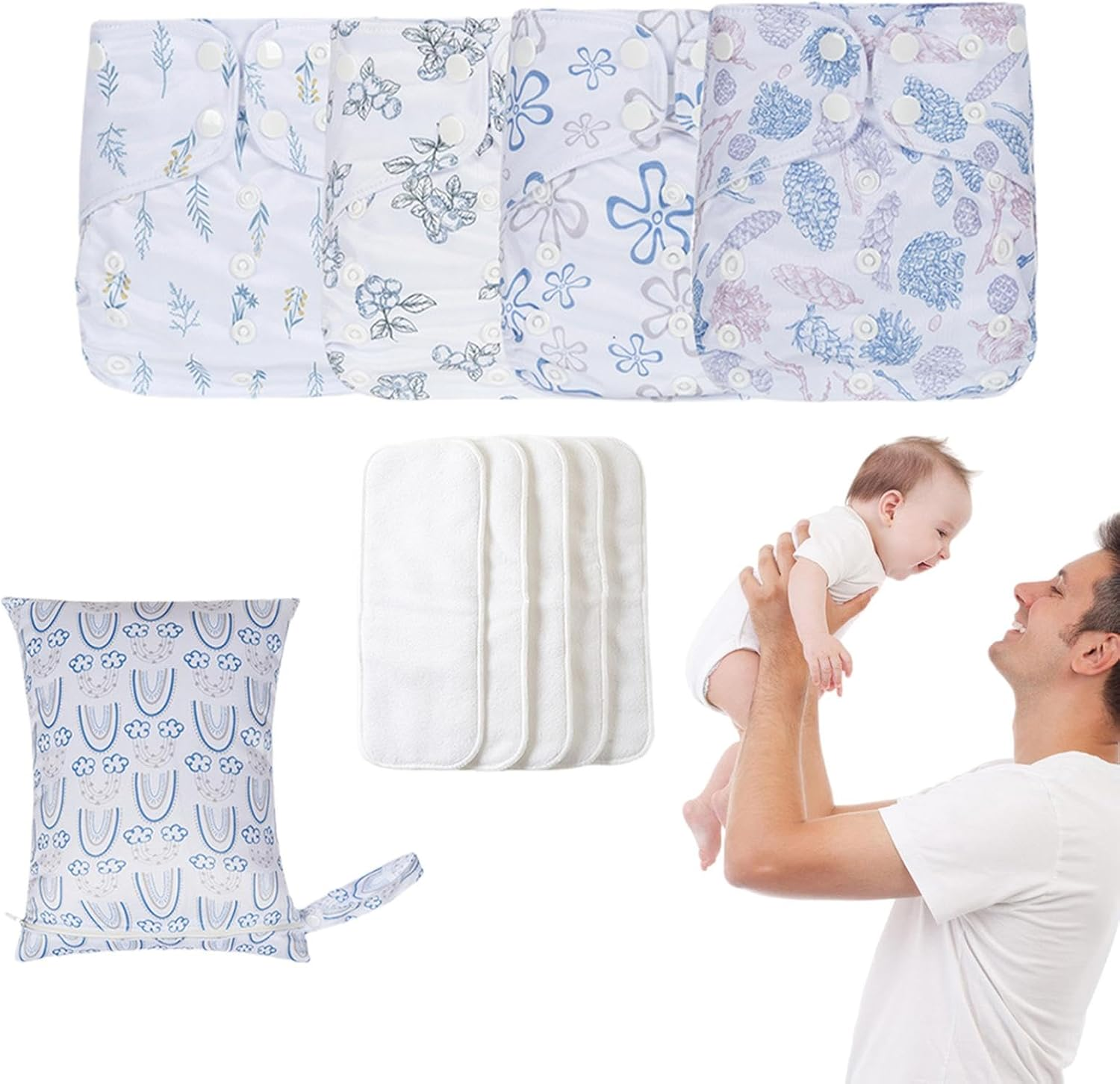 Cloth Diapers for Babies, Adjustable Reusable Baby Cloth Diapers, 4X Waterproof Cover, Absorbent & Breathable Liners with 4 Inserts & 1 Wet Bag, Prevents Staining