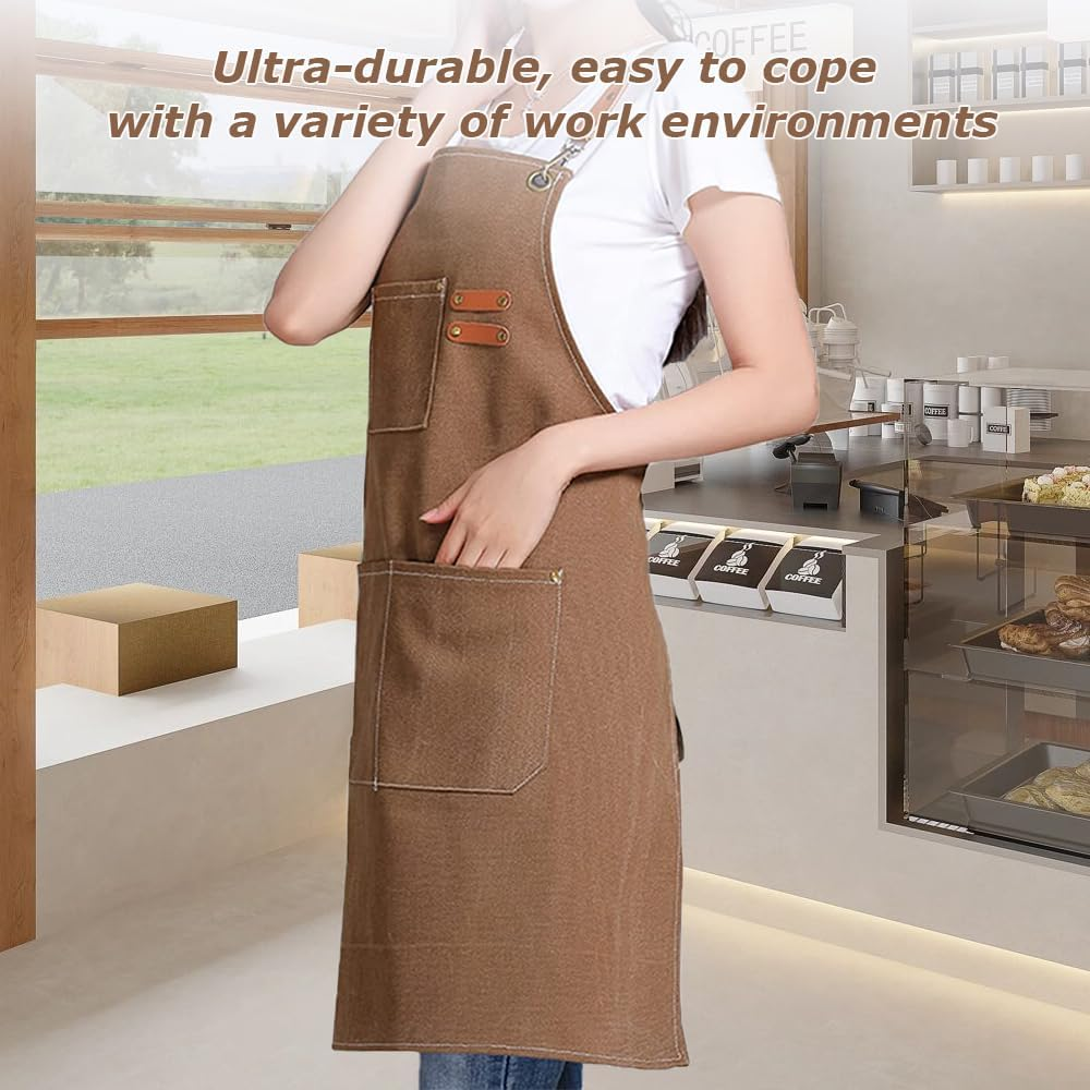 Kitchen Thicken Canvas Apron with Adjustable Straps and Large Pockets, Cooking Baking Bib Apron, Apron Suitable for Painting Pottery Ceramics (Coffee, 72 CM)