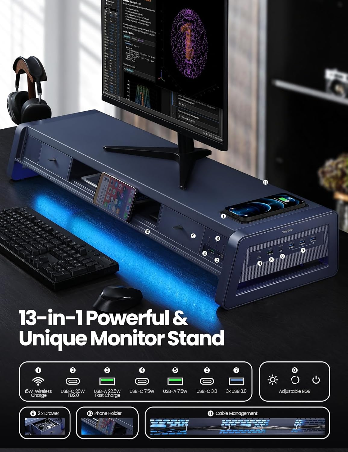 Vaydeer All-In-One Dual Monitor Stand Riser with 2 Drawers, 8USB Ports and Wireless Charging Pad with LED Light Strip for 2 Monitors , Desk Organizer for PC, Imac (Metal, 39.3 Inches) image number 3