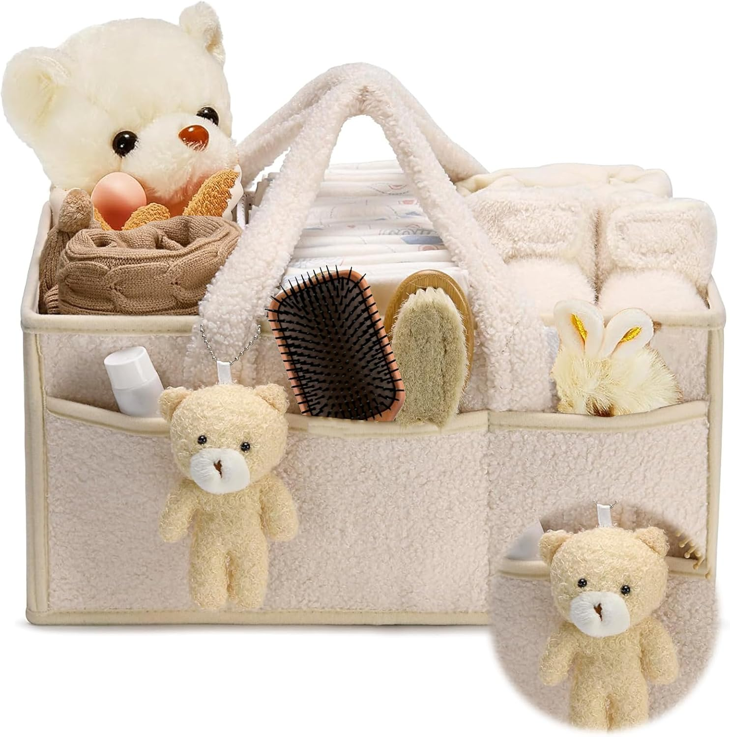 Togemvvs Baby Diaper Caddy Organizer, Baby Storage Basket for Diapers and Wipes, Portable Nappy Caddy with Bear (Ivory White) image number 6