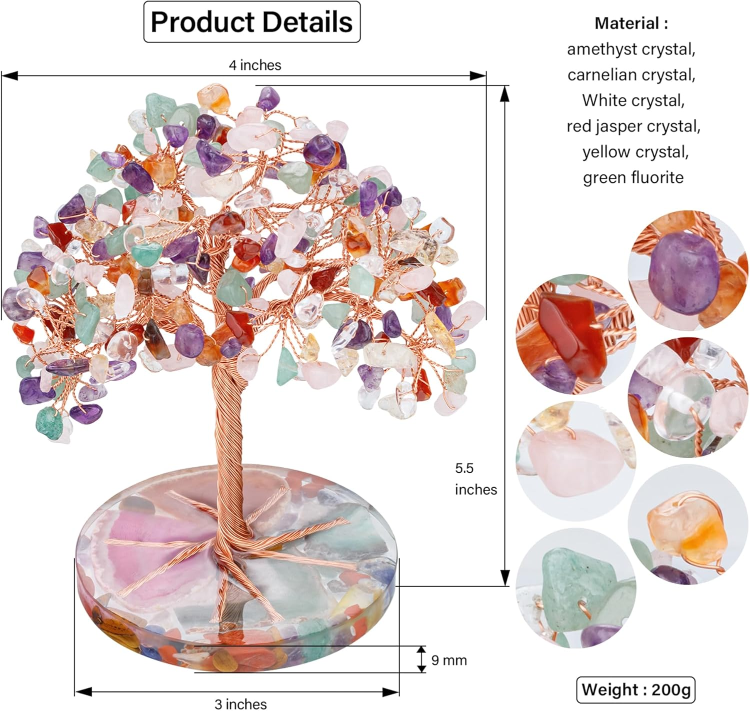 Zenbless 7 Chakra Healing Crystals Stones Tree, Colorful Crystal Stone Leaf Wire Wrapped on Natural Agate Slice Base, Home Office Desk Living Room Feng Shui Decoration for Wealth and Luck - Colorful image number 6