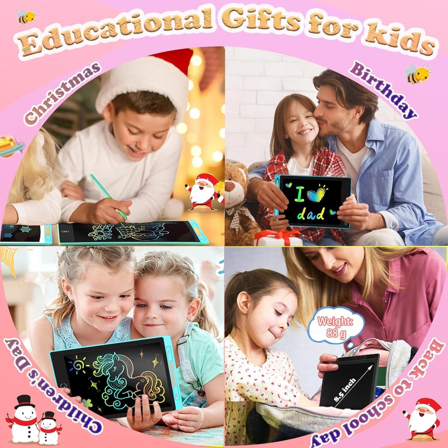 LCD Writing Tablet for Kids, 10 Inch Colorful Doodle Board Drawing Tablet, Erasable Doodle Pad for Toddlers, Educational Learning Toys Birthday Gifts for Boys Girls Age 3 4 5 6 7 8 (Pink) image number 1