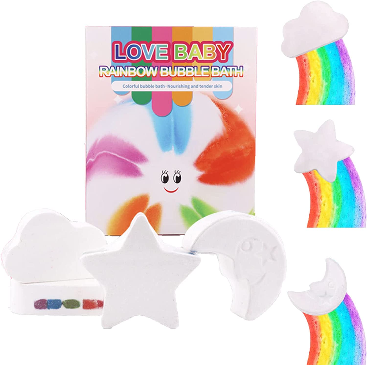 Uandhome 4 Pack Rainbow Bath Bombs for Kids, Girls Bath Bomb Gift Set with Natural Ingredients, 2 Clouds、1 Star、1 Moon Shower Bombs with Rich Bubbles and Rainbow Color, Great Gifts at Holiday and Birthday image number 3