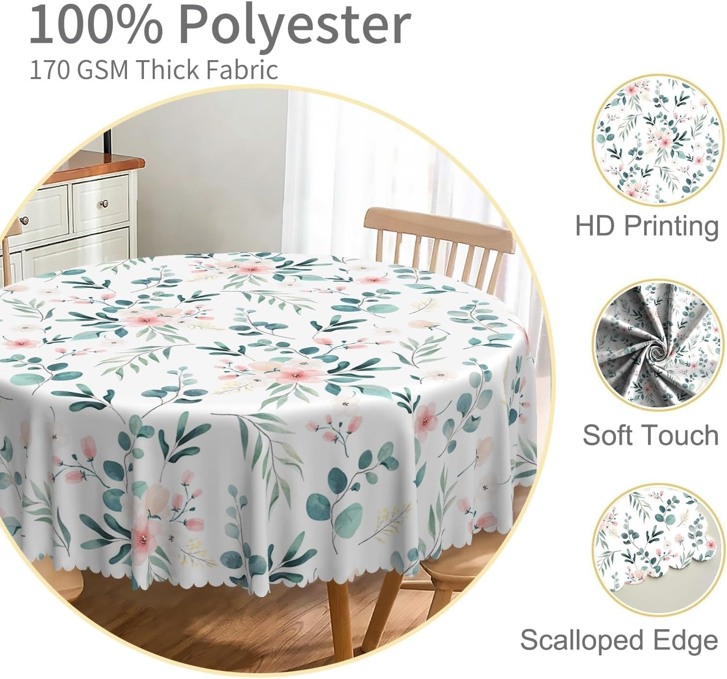 Spring Summer round Tablecloth 60 Inch Green Leaf Pink Floral Circular Table Cloth Washable Wrinkle Resistant Fabric Table Cover for Kitchen Dining Room Picnic Patio Indoor Outdoor Decor image number 6