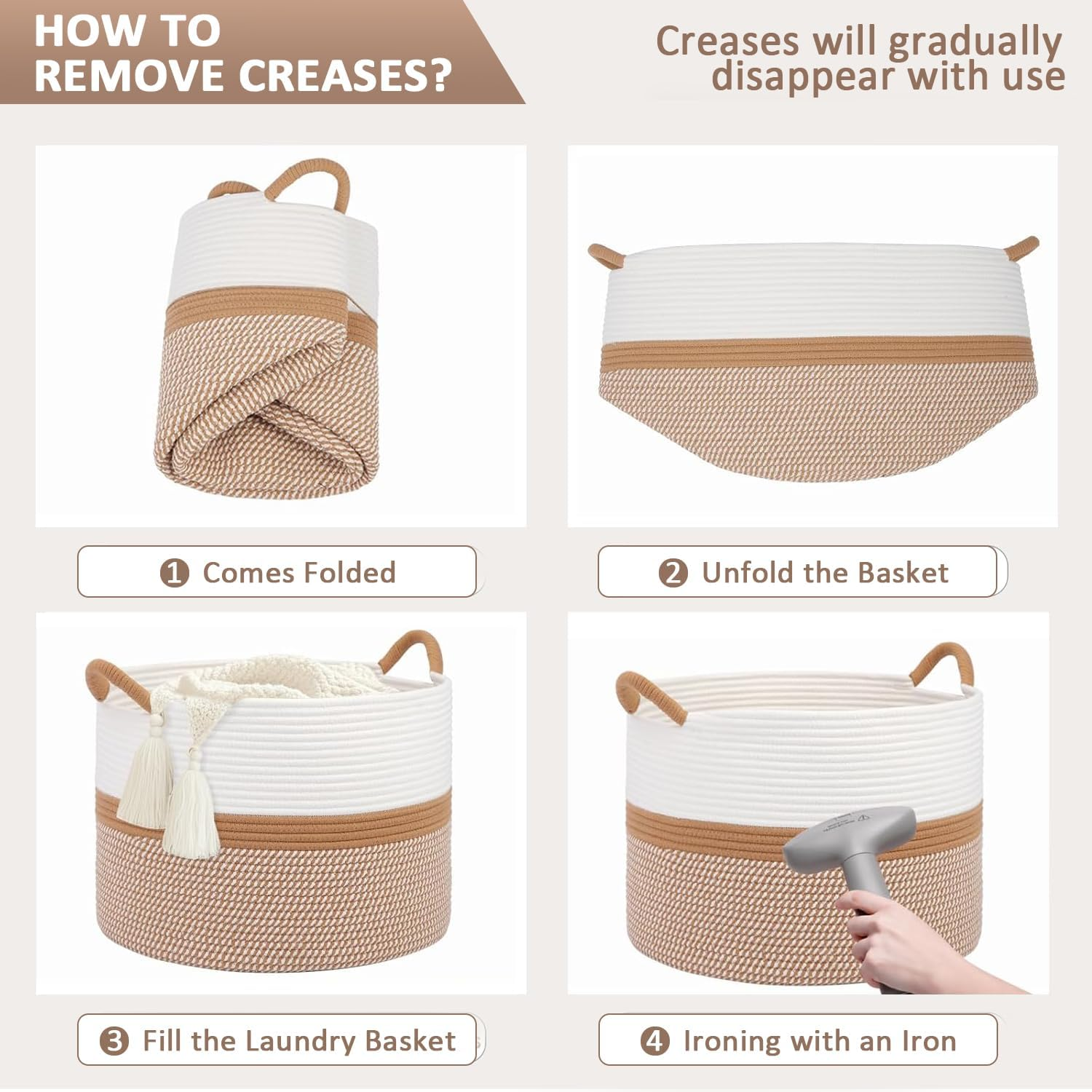 OWNKING Large Capacity Storage Baskets, Laundry Basket, Tall Woven Cotton Collapsible Laundry Hamper, Decorative Versatile Blanket Basket for Clothes, Blankets, Toys Storage & Organization, 20X20X13In image number 5