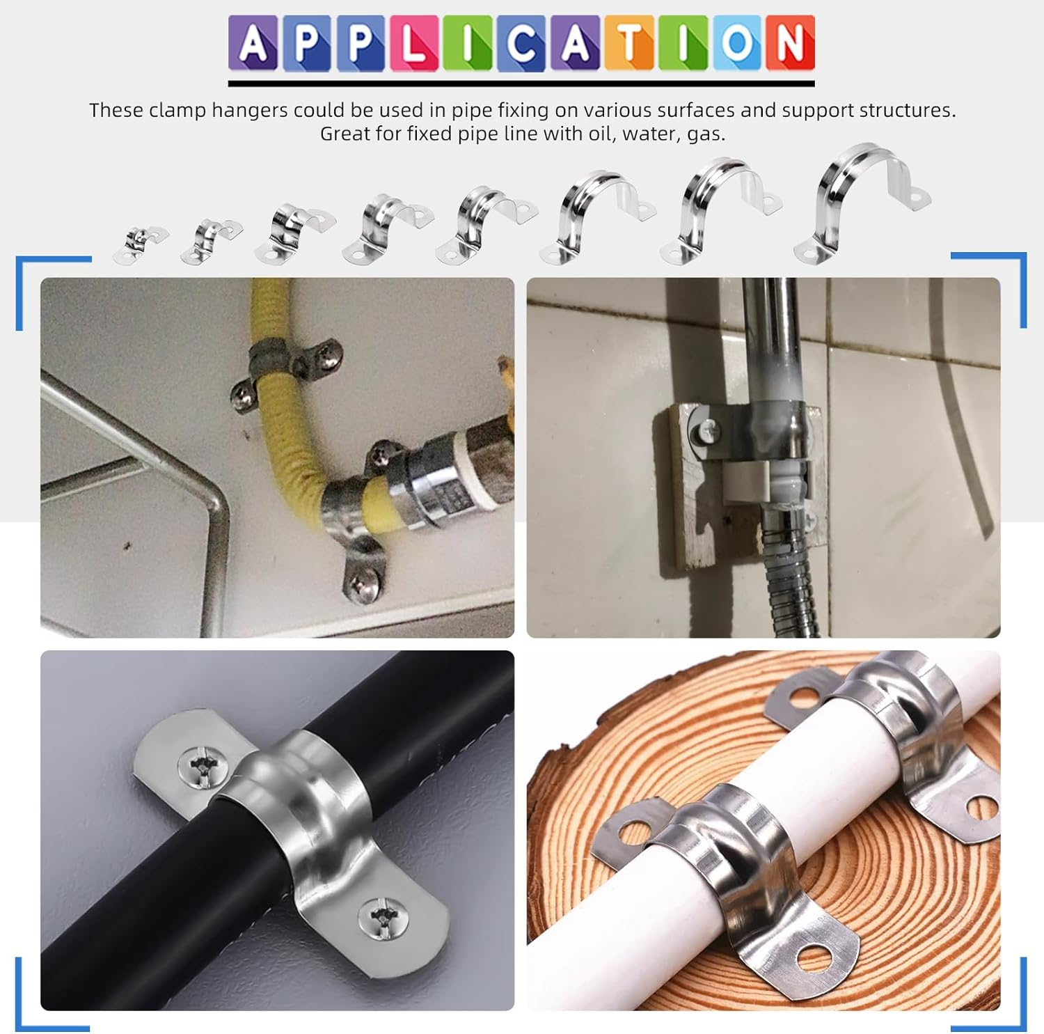 Glarks 50Pcs M8 Pipe Strap Clamp, 304 Stainless Steel 2 Hole Strap Heavy Duty Rigid Pipe Strap U Bracket Tube Strap Cable Clamp Hanger Tension Tube Clip for Pipe Tube Cable Fixing (12Mm (1/2")) image number 1