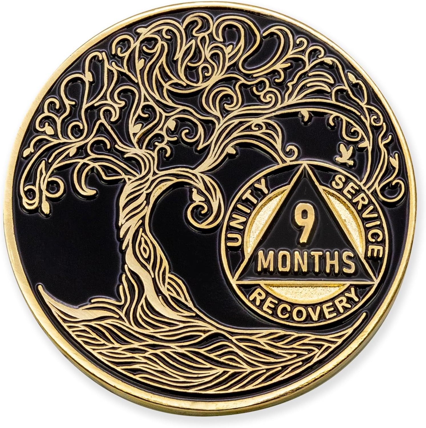 9 Months Sobriety Mint Twisted Tree of Life Gold Plated AA Recovery Medallion/Chip/Token - Black