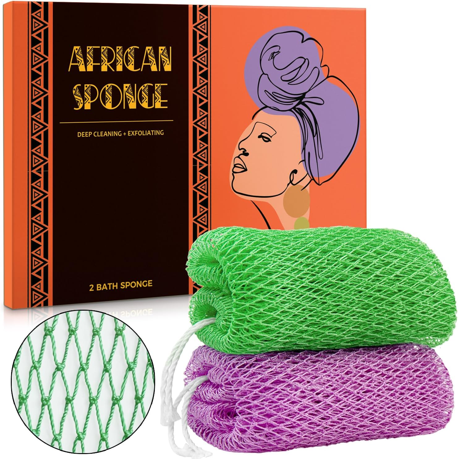 African Net Sponge Authentic - 2 Pieces Real African Exfoliating Sponge with Knots - Afro Back Scrub Net for Body Exfoliator - Bath Loofah Washcloth for Shower Essentials image number 3