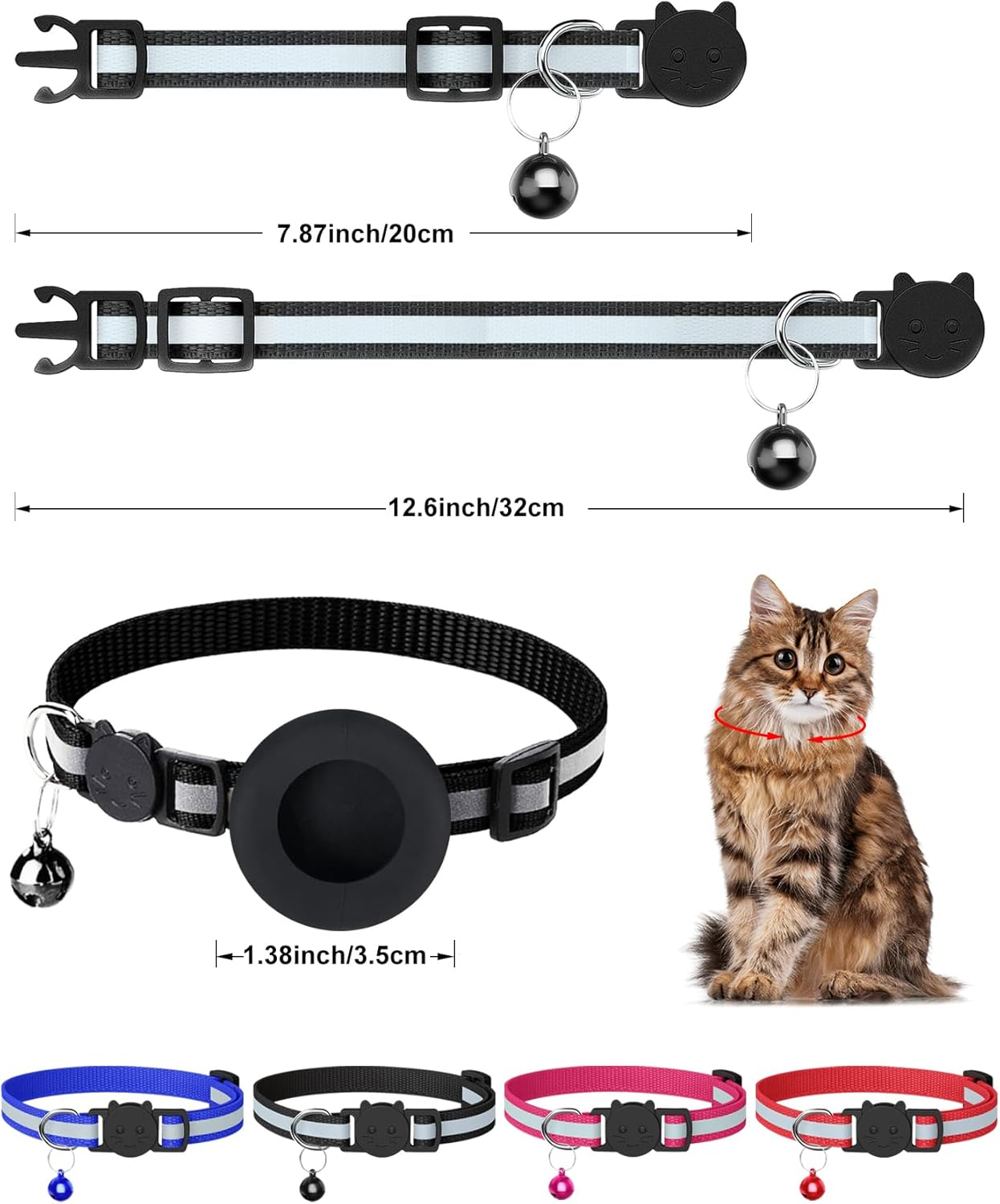 Kitolee Airtag Cat Collar Reflective with Bell (4 Colours, 2 Apple Airtag Holders and 2 ID Tags) image number 2