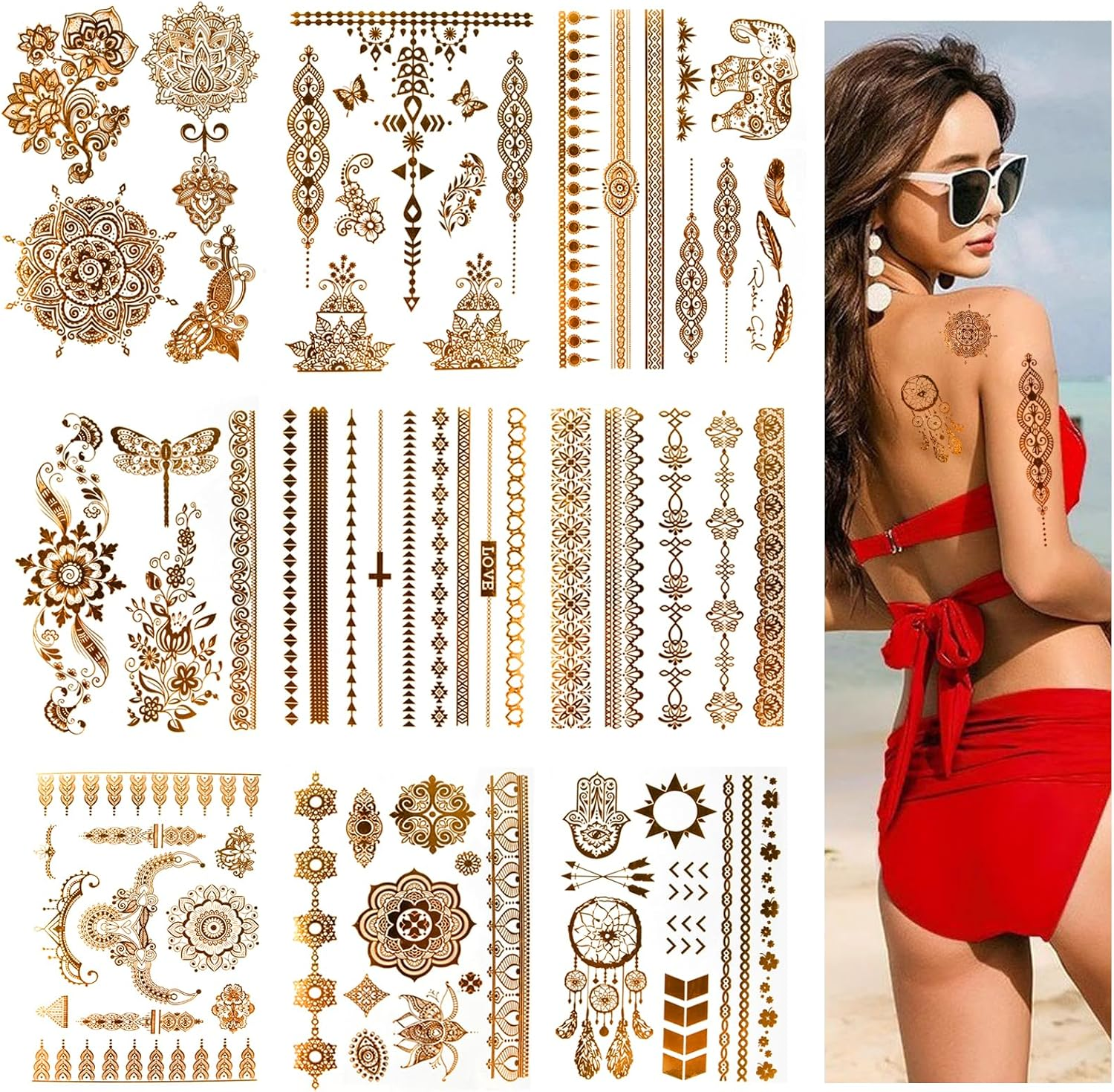 9 Sheets Gold Temporary Tattoos Flash for Women, Metallic Festival Tattoos, Body Art Sticker, Waterproof Armbands Tattoo, Moon Star Butterfly Glitter Tattoos Fake That Look Real and Last Long (04)