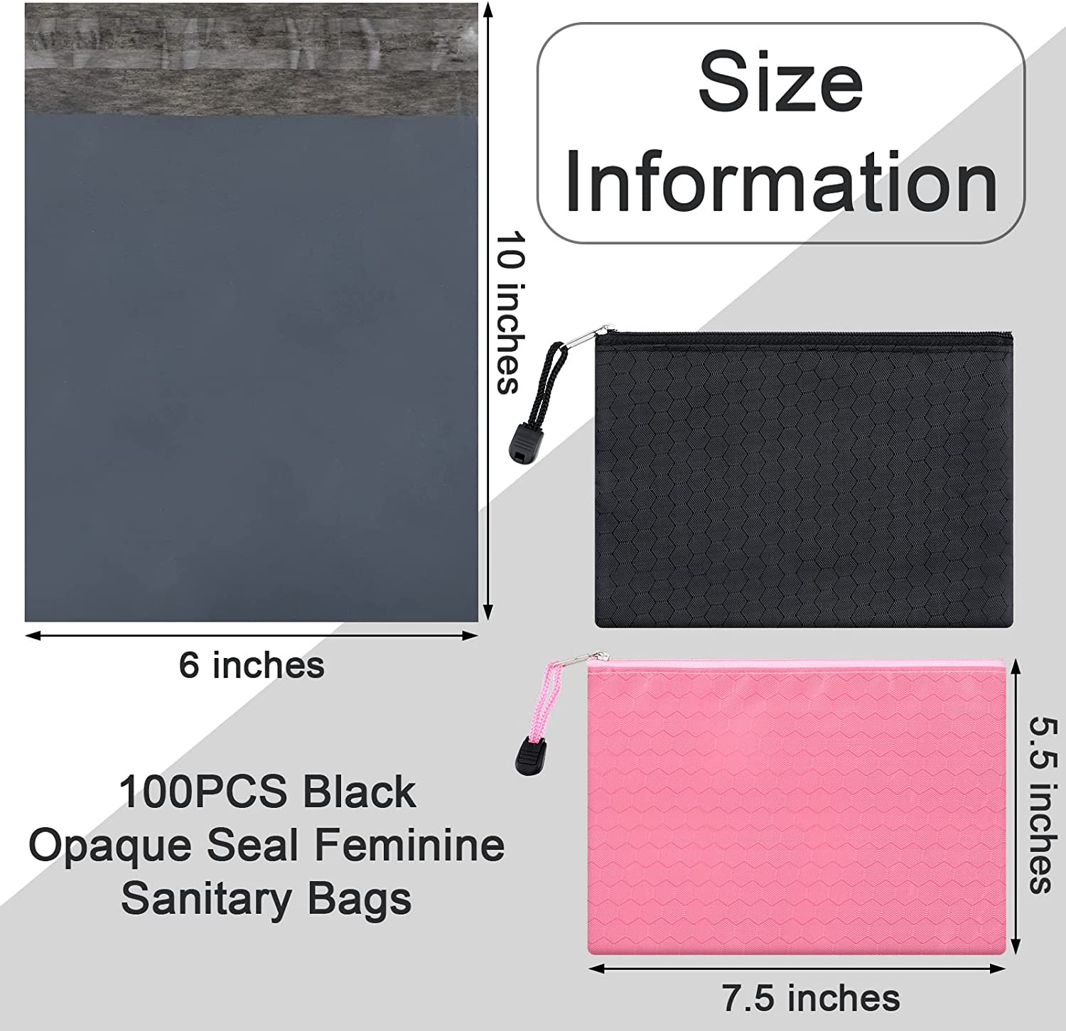 100 Pcs Feminine Personal Disposal Bags and 2 Pcs Purse Pouch with Zipper Sanitary Napkin Disposal Bags Disposable Feminine Hygiene Disposal Bags Black Opaque Discreet Disposal for Tampons Pads Liners image number 4