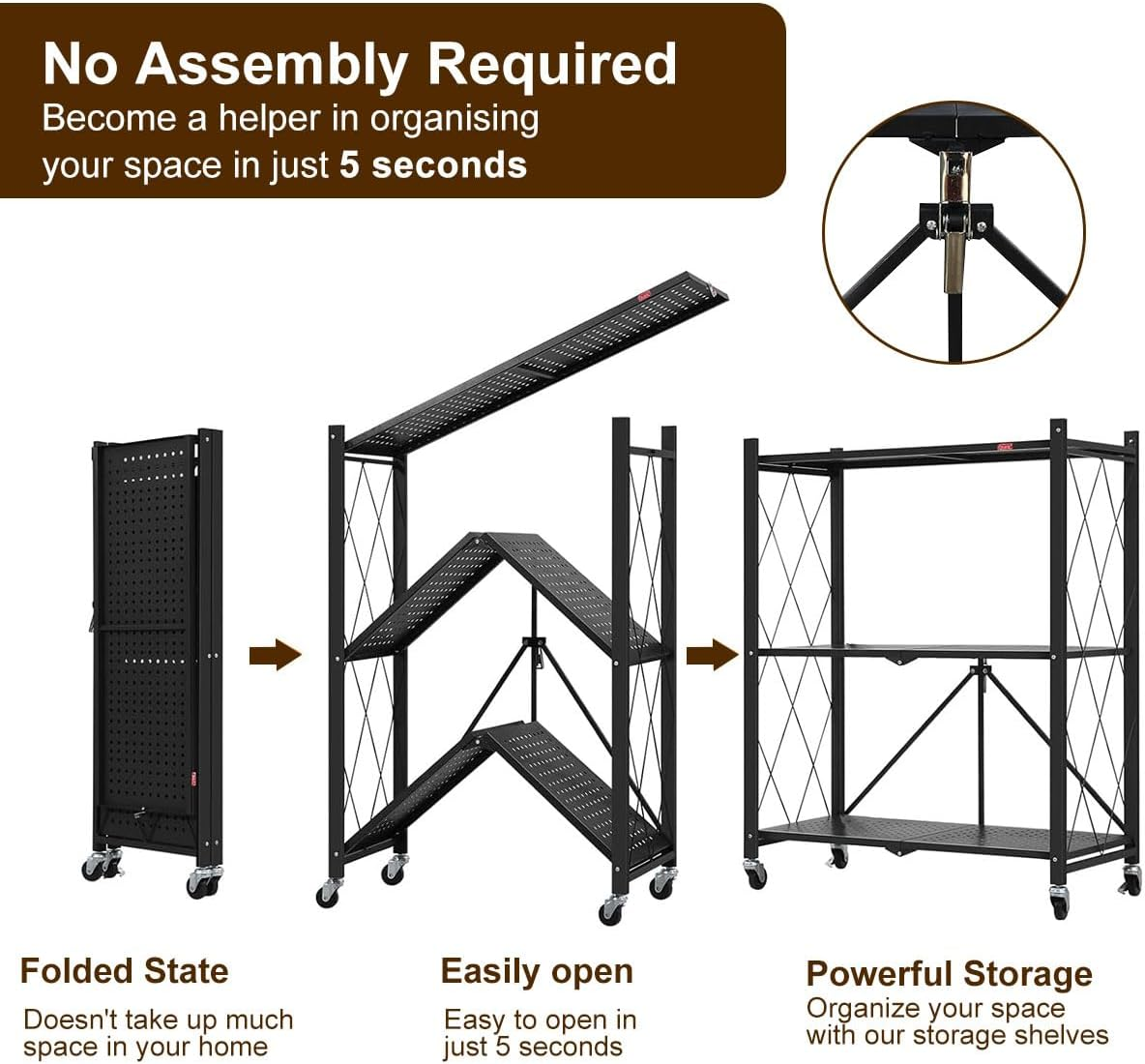 3-Tier Foldable Storage Shelf with Wheels - Metal Collapsible Shelving Unit Display, Rolling Cart for Books Kitchen Storage Shelves - Black image number 2