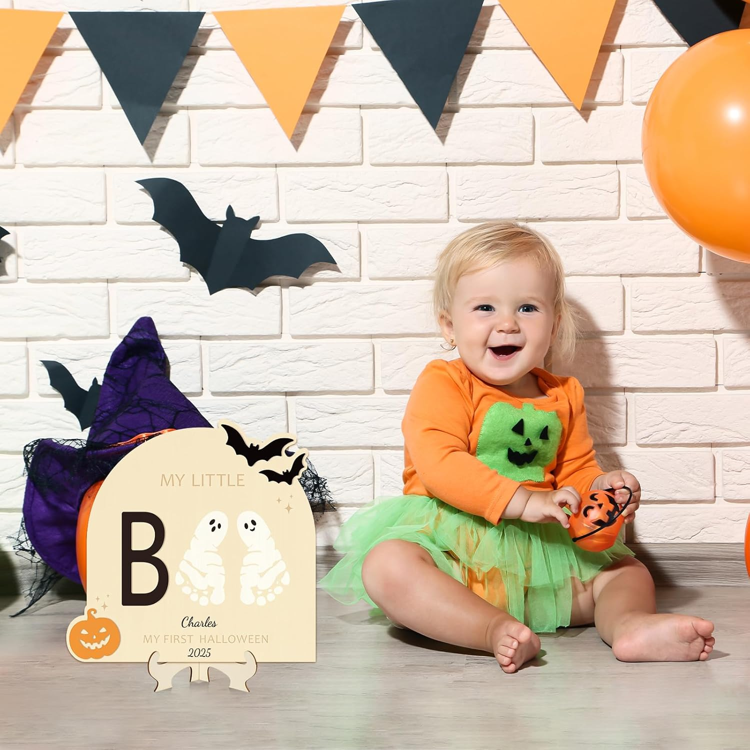 Sereliy Baby'S First Halloween DIY Footprint Art Card, Wooden Little Boo Sign Keepsake Ornaments for Baby Shower Newborn Photoshoot Prop (Boo) image number 1