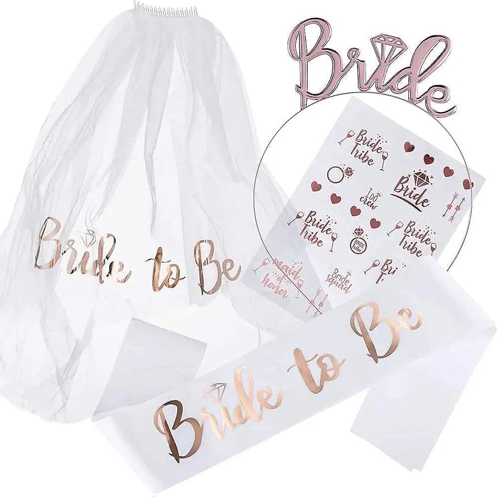 Hens Party Decorations & Bridal Shower Decorations Set, Bride to Be Accessories with Wedding Sash, Rose Gold 3D Bride Headband, Classic Veil, Temporary Tattoo - Ermaoo image number 1