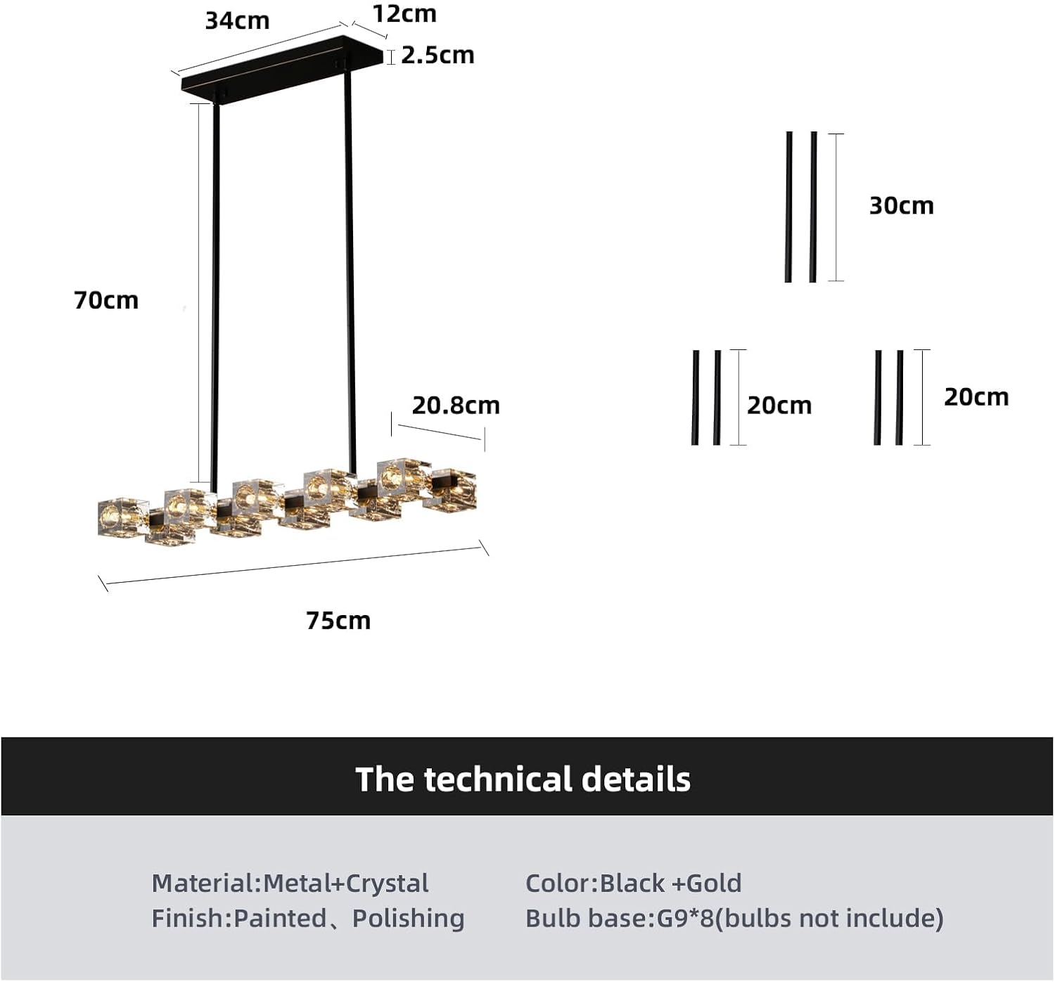 Modern Crystal Pendant Light, Black and Gold Linear Chandelier,8-Light Kitchen Light over Island,Dining Room Handing Ceiling Light Fixture for Living Room image number 4