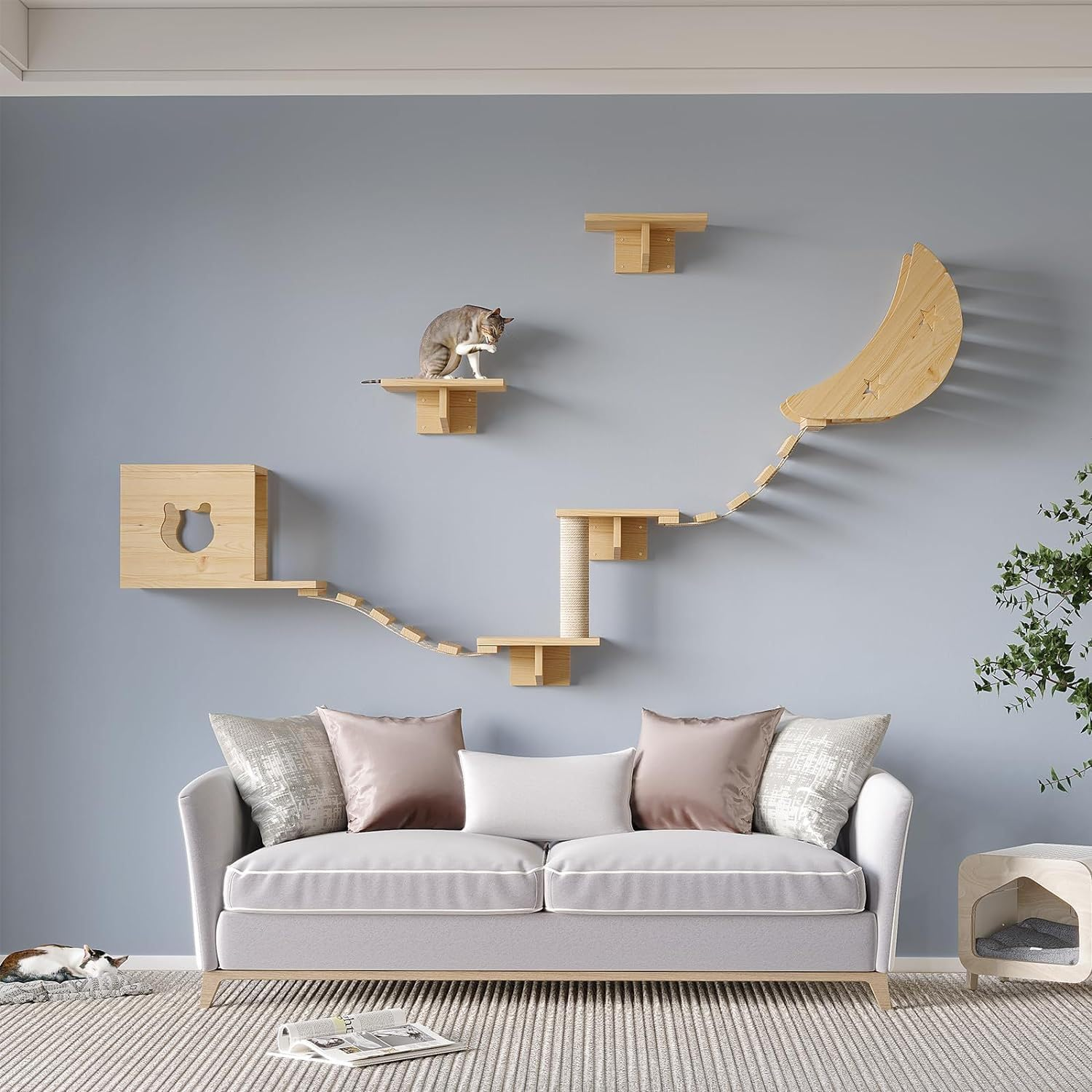Cat Wall Shelves Set of 9 &ndash; Modern Wall-Mounted Climber with House, Steps & Scratcher &ndash; Furniture for Large Indoor Cats &ndash; Natural Wood image number 4