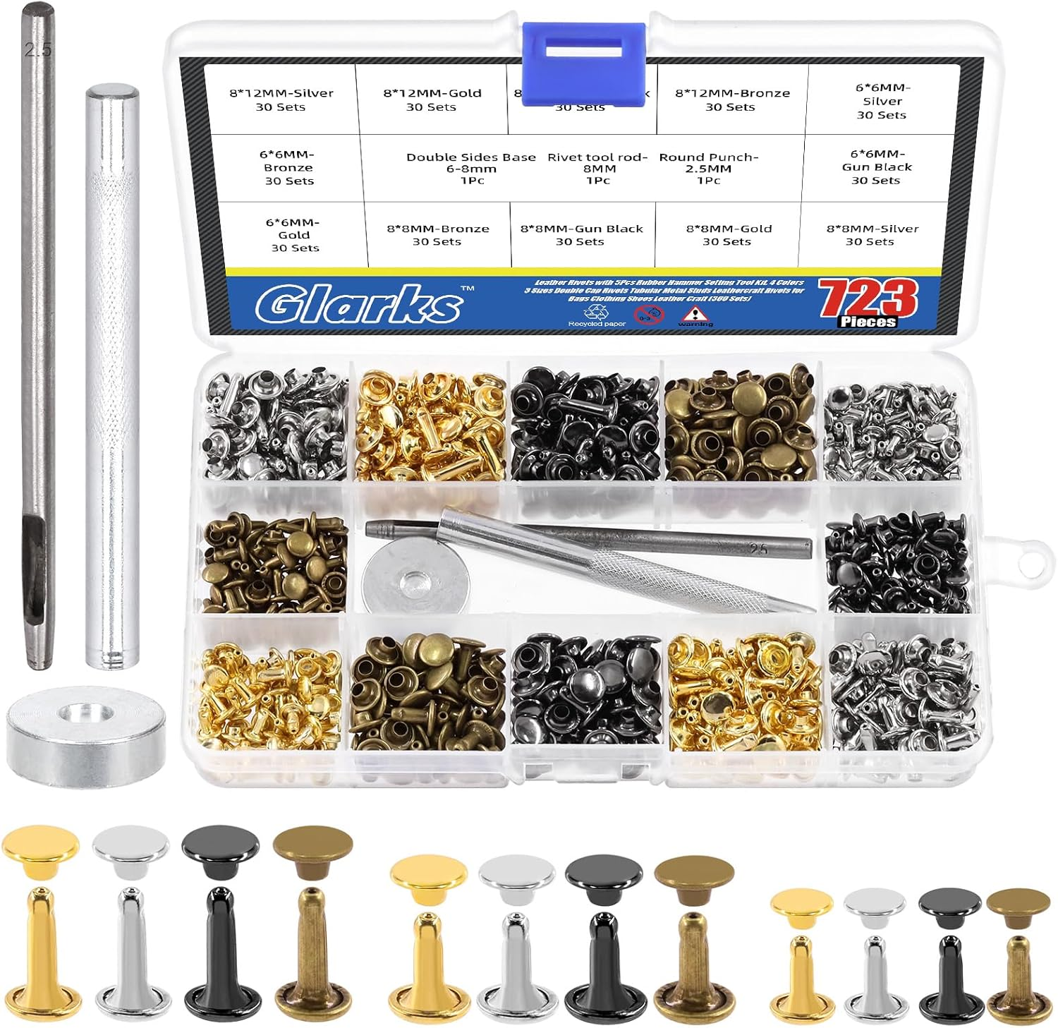 Glarks 600 Sets Leather Rivets with 3Pcs Setting Tool Kit, 4 Colors 3 Sizes Double Cap Rivets Tubular Metal Studs Leathercraft Rivets for Bags Clothing Shoes Leather Craft