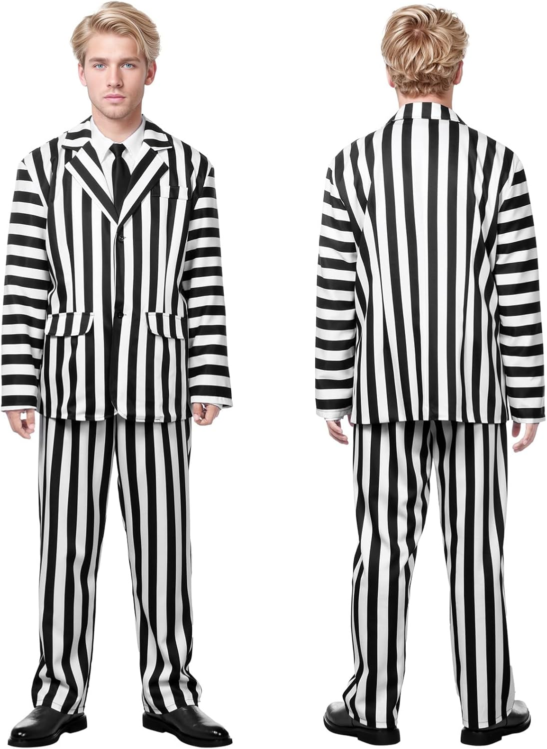 Men Black and White Striped Suit Cosplay Halloween Costume,Adult Horror Comedy Character Cosplay Outfit with Jacket, Shirt, Pants, Tie, Wig,For Men Scary Halloween image number 5