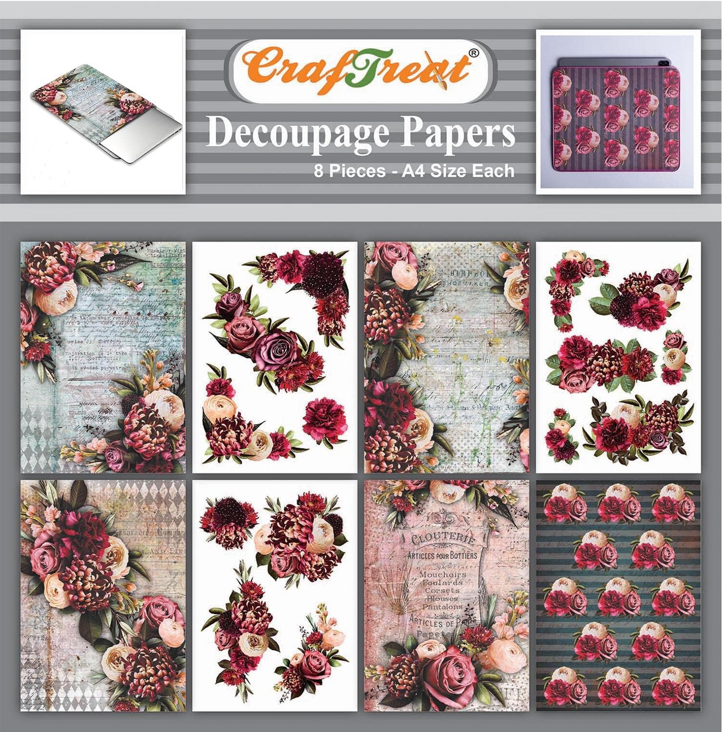 Craftreat Flower Decoupage A4 Paper for Craft Home Decor, Wall Art and Birthday Card Making - Floral Vintage Sunflower Pattern - 8Pcs Decoupage Sheet for Garden Decor and Aesthetic Room Decor Supplies