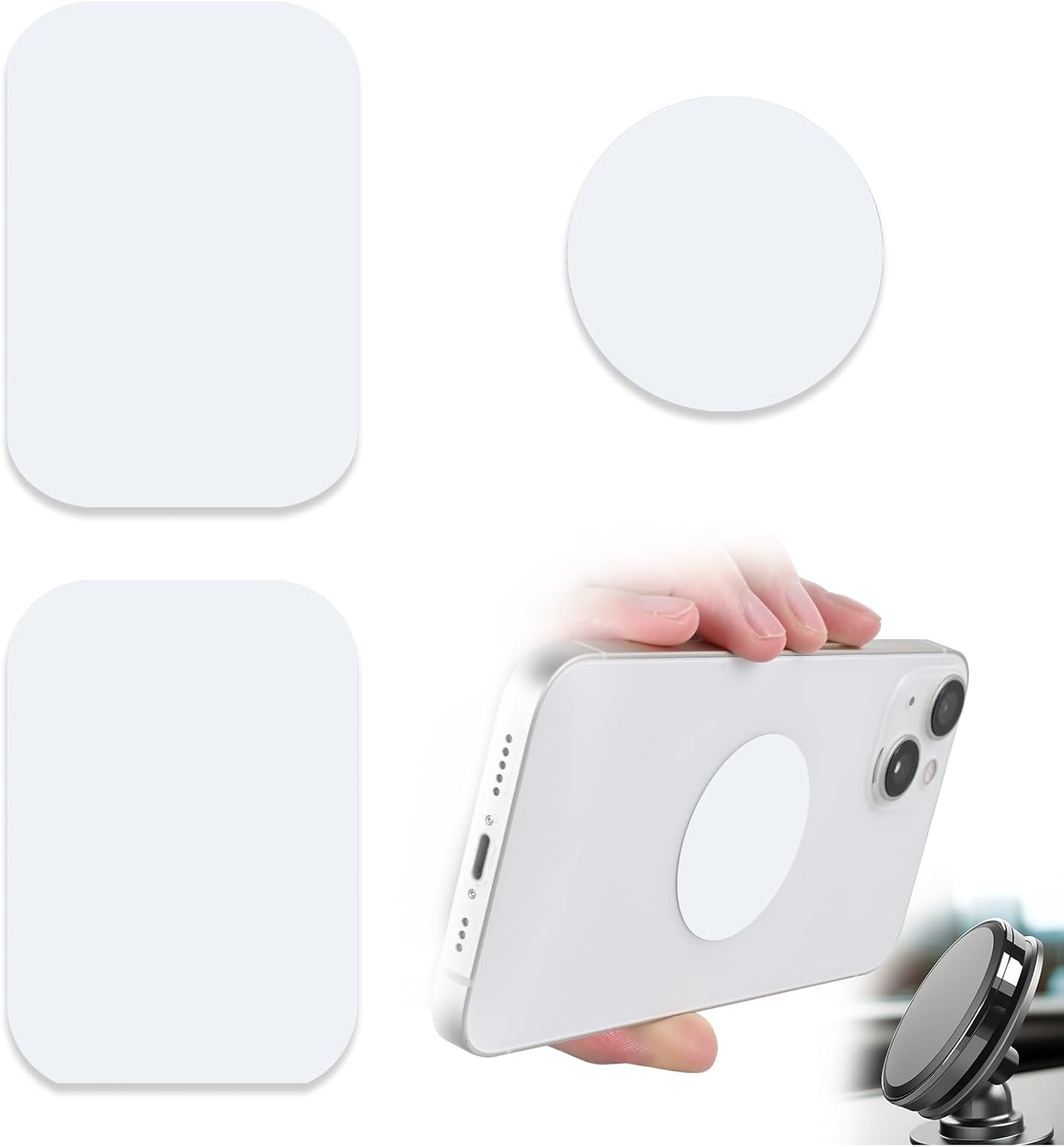 Phone Magnets for Back of Phone, Universal Metal Plates, 2 Rectangular and 2 round with Adhesive, Car Phone Magnets (White) - A Gray image number 5