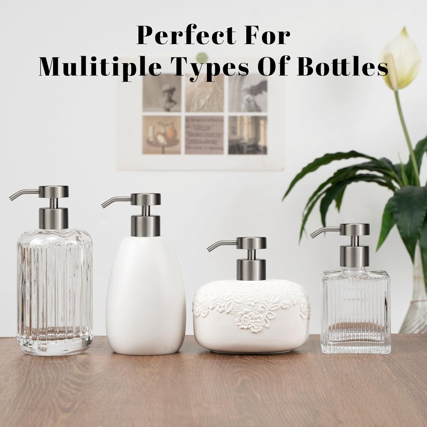 UHEY HOME Soap Dispenser Pump Replacement 304 Stainless Steel for Regular Mouth Bottle for Standard 28/400 Thread Size Kitchen Bathroom Lotion Refill Flat Top Dispenser Pumps 2 Pack(Brushed Nickel) - Brushed Nickel image number 5