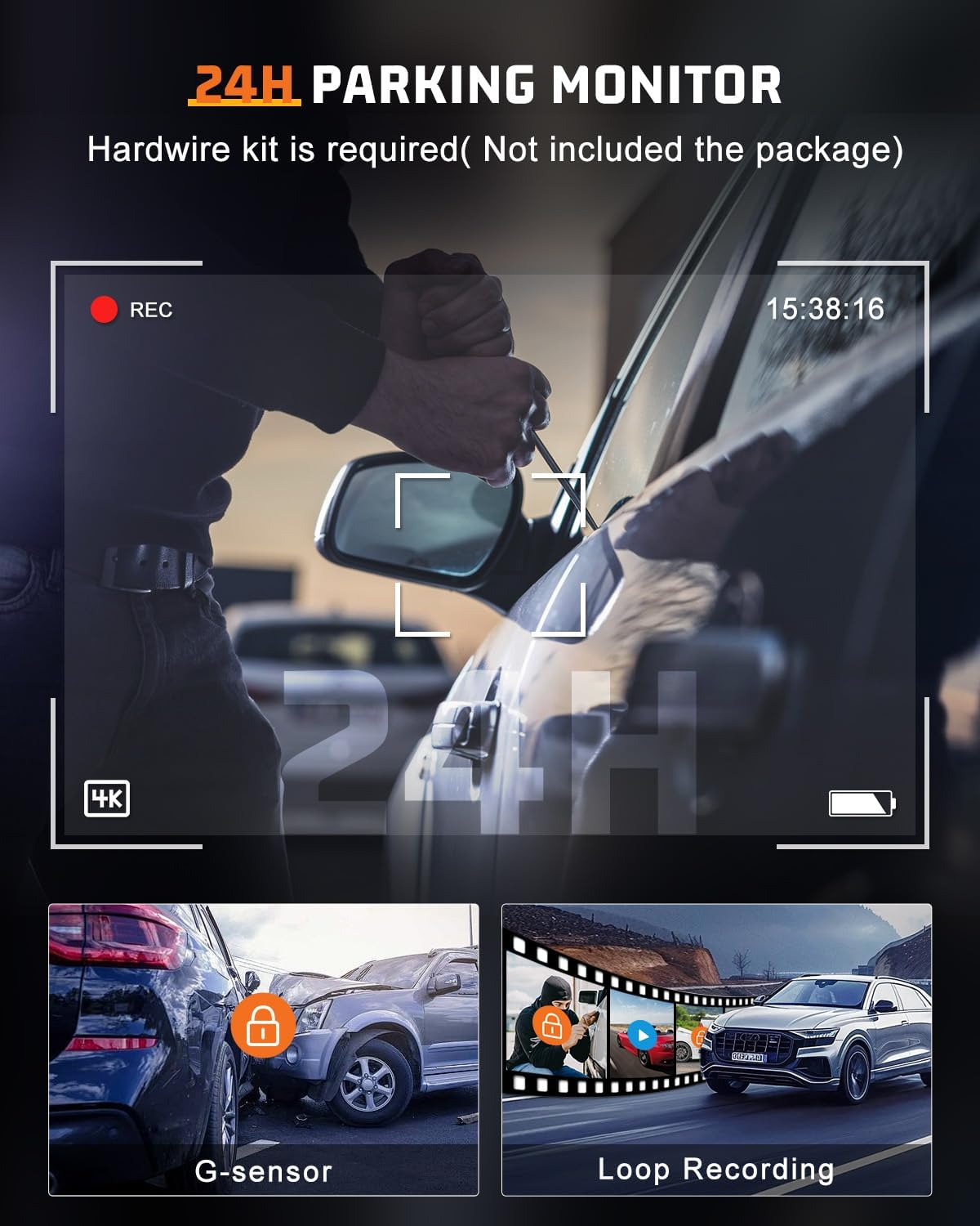 Dash Cam Front and Rear 4K+1080P, Dash Cam Inserted 64GB SD Card, Built-In Wifi, Super Night Vision, 24H Parking Mode, G-Sensor, Loop Recording, Time-Lapse, WDR, 170&deg;/140&deg;, F1.8 Aperture, 4-Layer Lens - Grey image number 4