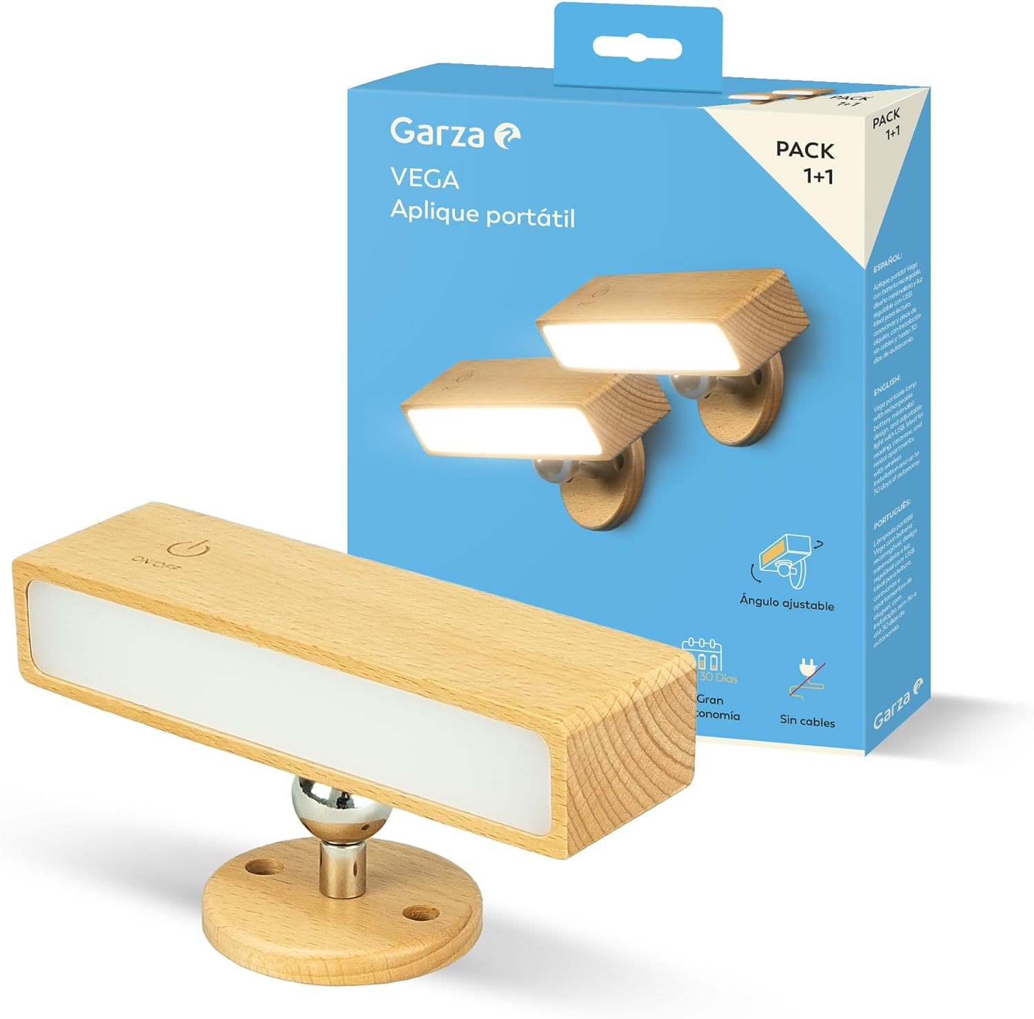 Garza - Vega Portable LED Wall Light, 2 W, 240 Lm, Dimmable Light 4000 K, 3000 Mah Battery up to 30 Days, USB-C, Wireless Installation, Light Wood Design, 1 + 1 Pack image number 1