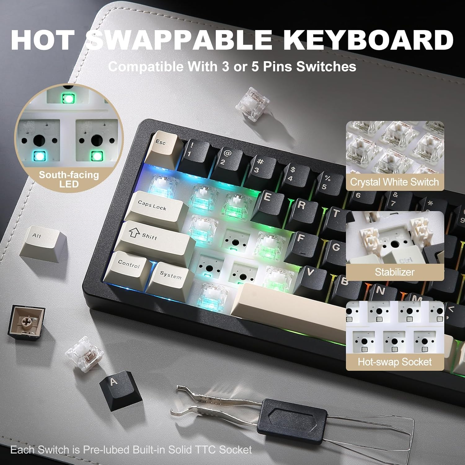 YUNZII AL71 75% Mechanical Keyboard, Full Aluminum CNC, Hot Swappable Gasket, 2.4Ghz Wireless BT5.0/USB-C Wired Gaming Keyboard,Nkro Programmable RGB Backlight,For Win/Mac(Black,Crystal White Switch) - Black image number 2