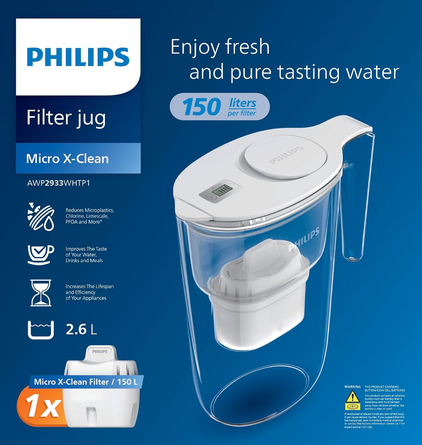 Philips Water Filter Jug 2.6L, White Flip-Top Lid, Timer, 1X Filter AWP210 150L image number 1