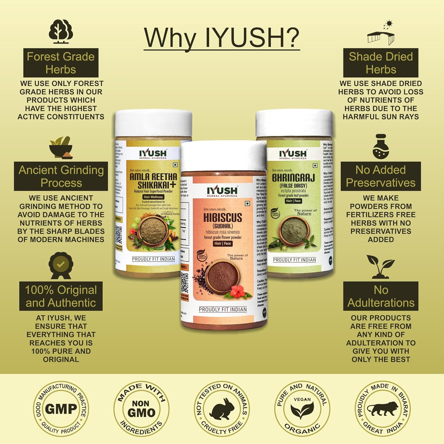 IYUSH Herbal Ayurveda Amla Shikakai Reetha Powder for Hair with 13 Herbs plus Bhringraj Powder and Hibiscus Powder for Hair Growth &ndash; 300Gm | Herbal Hair Wash Powder | Hair Volume Powder | 100Gm Each image number 6