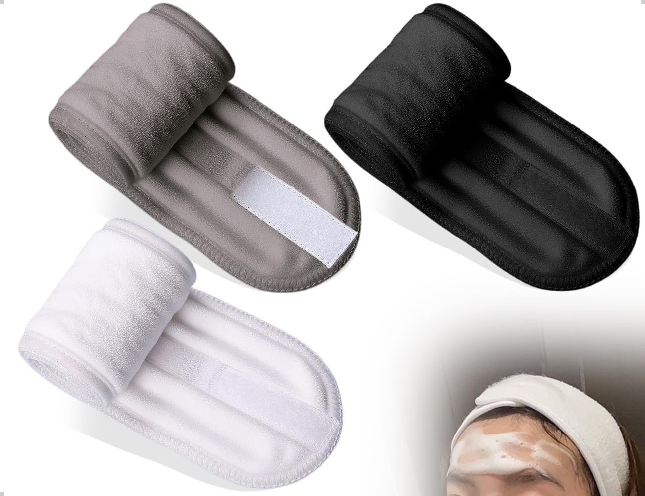 AOYEGIC Pack of 3 Cosmetic Hair Bands, Adjustable Headband for Make, Self-Adhesive Headband for Make-Up, for Sports, Make-Up, Wash Your Face (Black + White + Grey) image number 2