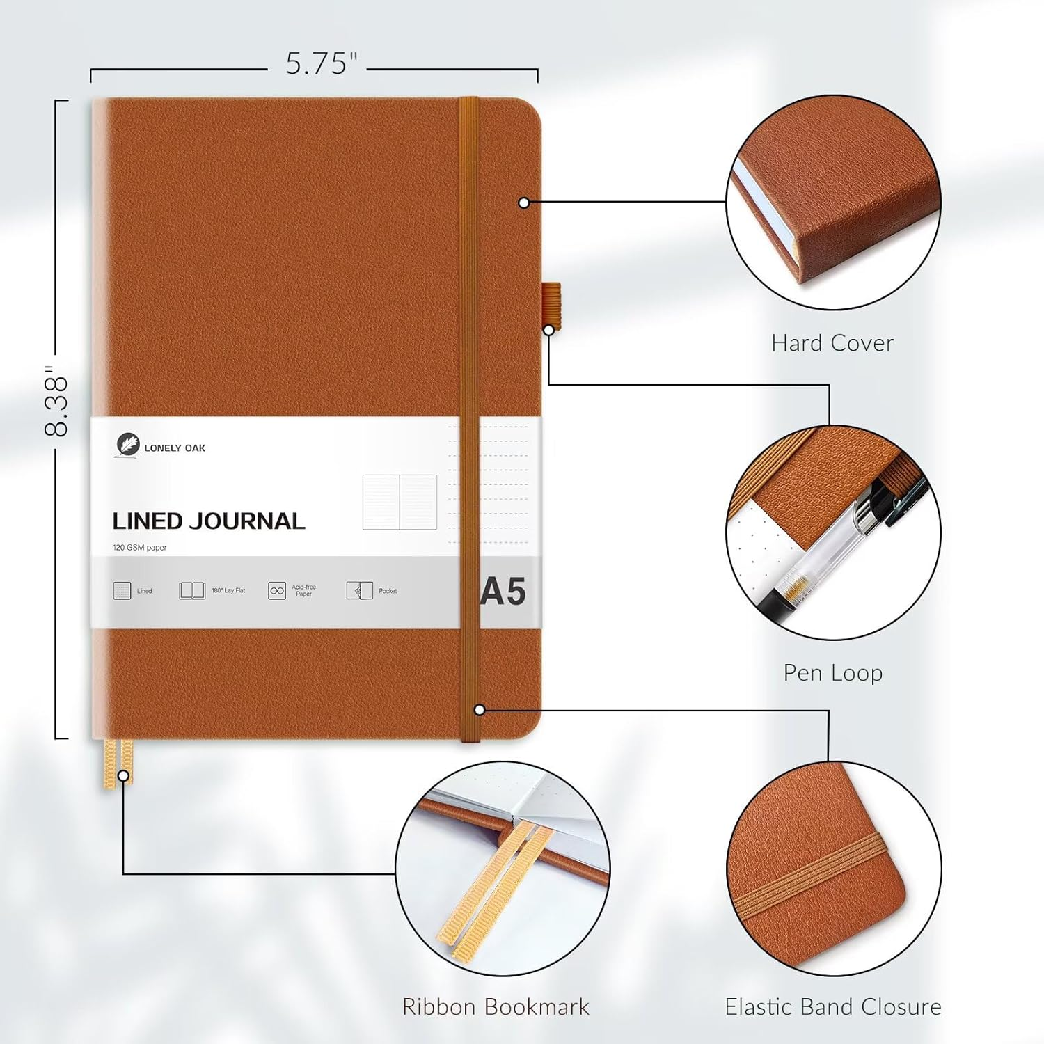 Lonely Oak Lined Journal Notebook, A5 Hardcover Lined Notebook for Women & Men, 120GSM Acid-Free Paper with Leather Hardcover and Inner Pocket, Daily Diary Journal for Work(Brown) image number 2