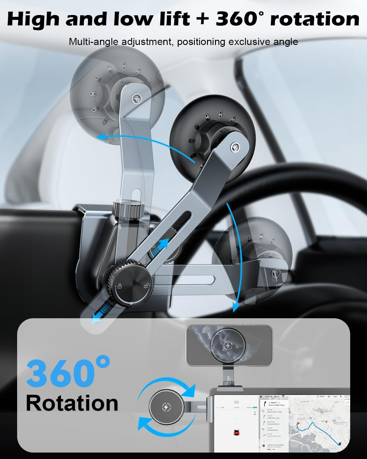 Cloudvalley Qi2 15W Wireless Charger Phone Holder Compatible with Tesla Model Y/3/S/X/Cybertruck, Adjustable Magnetic Car Mount, Extendable Metal Design for Iphone Charging image number 2