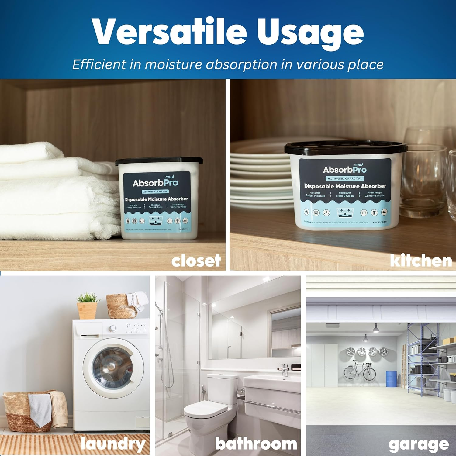 Moisture Absorber Tub with Activated Charcoal - 3-Pack - 18 Oz Disposable Odor Eliminator Box & Dehumidifier for Garage, Home, Kitchen, Bedroom, Bathroom, Closet, Cars, and Boats